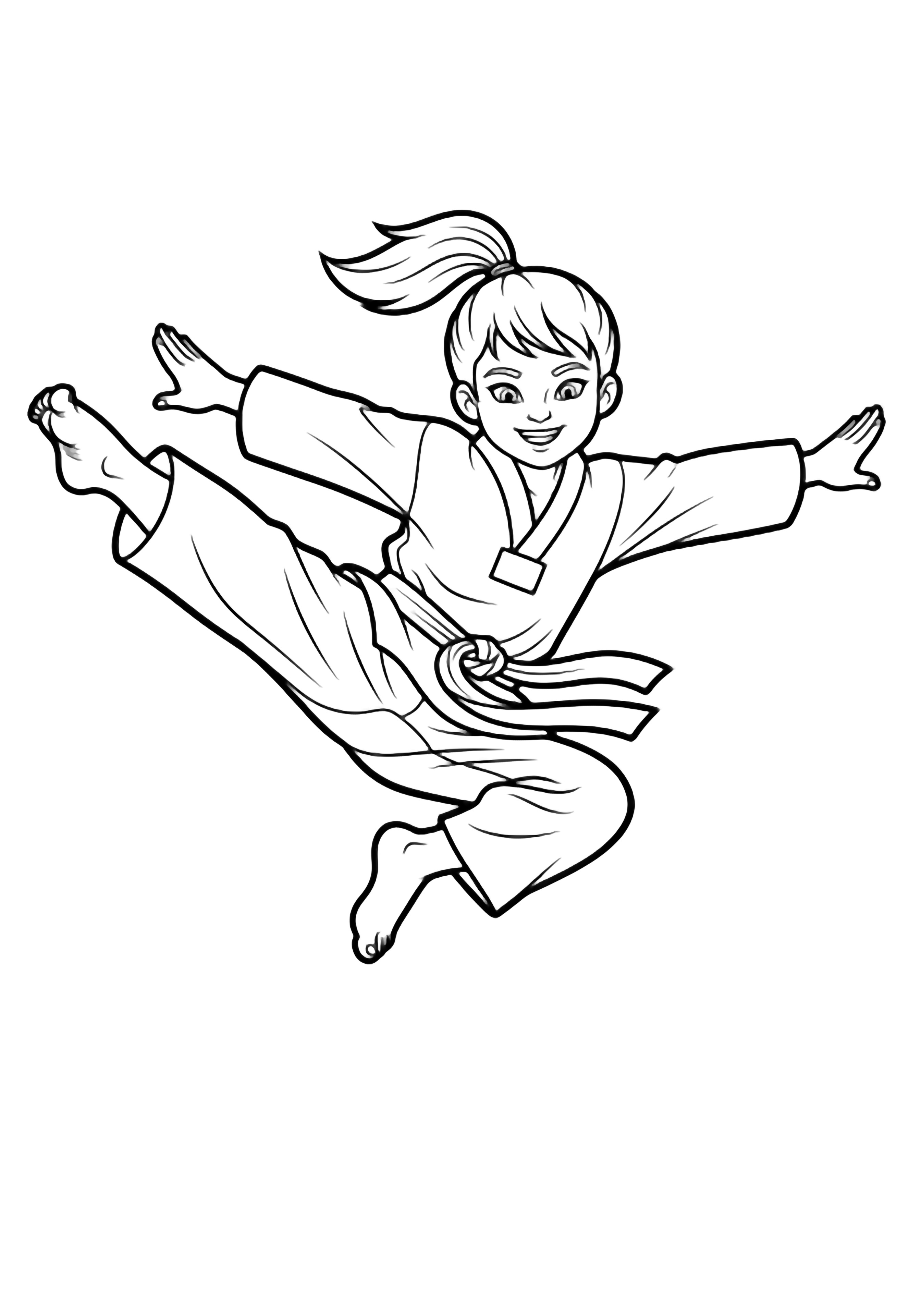 Young martial artist mid-taekwondo kick, arms wide, ponytail flying, confident smile, simple belted dobok kleurplaat