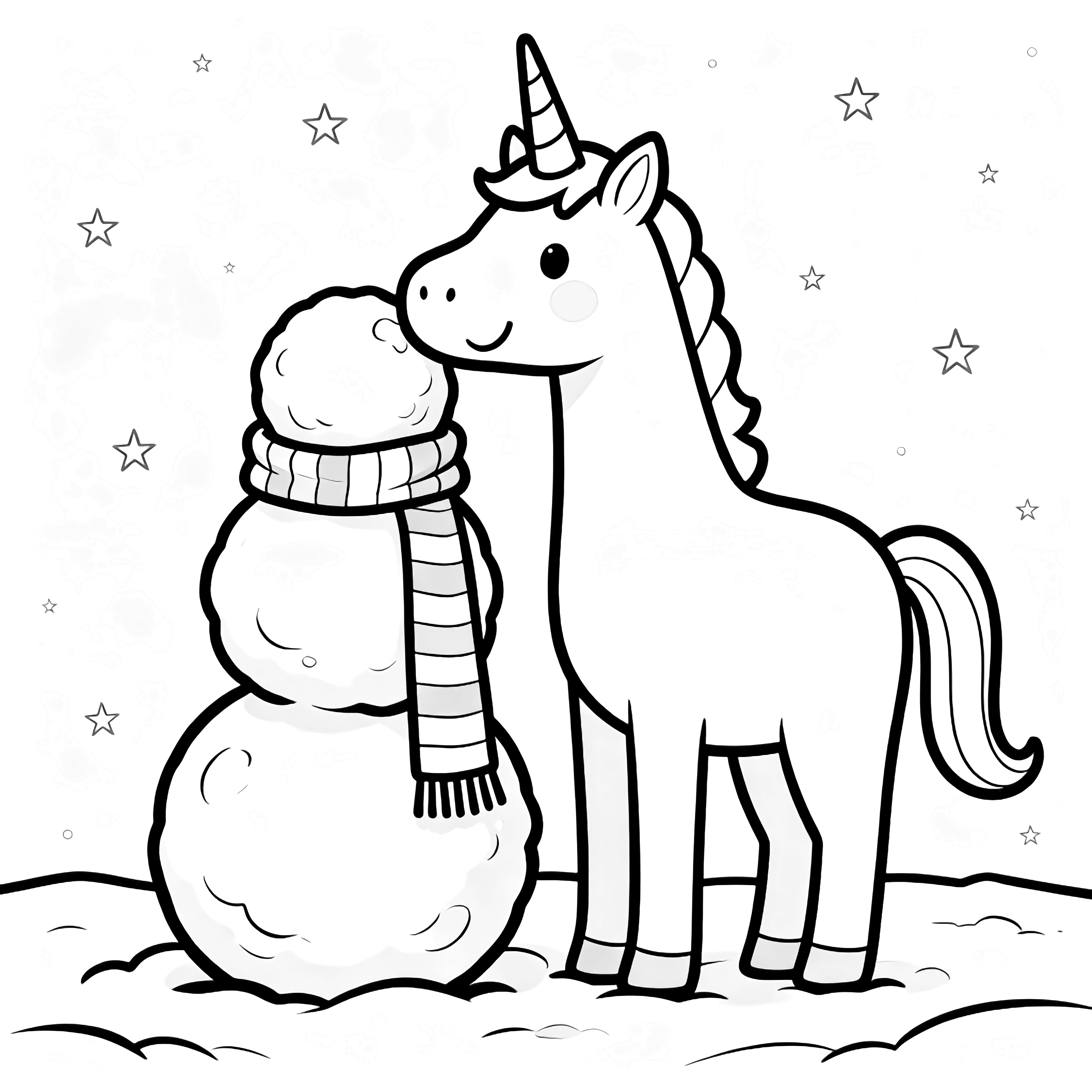 Een glimlachende eenhoorn staat rechtop en stapel drie grote sneeuwballen voor een sneeuwpony, zijn hoorn raakt de kop van de sneeuwpony terwijl hij een lange gestreepte sjaal eromheen draait, met kleine sterretjes op de achtergrond. kleurplaat