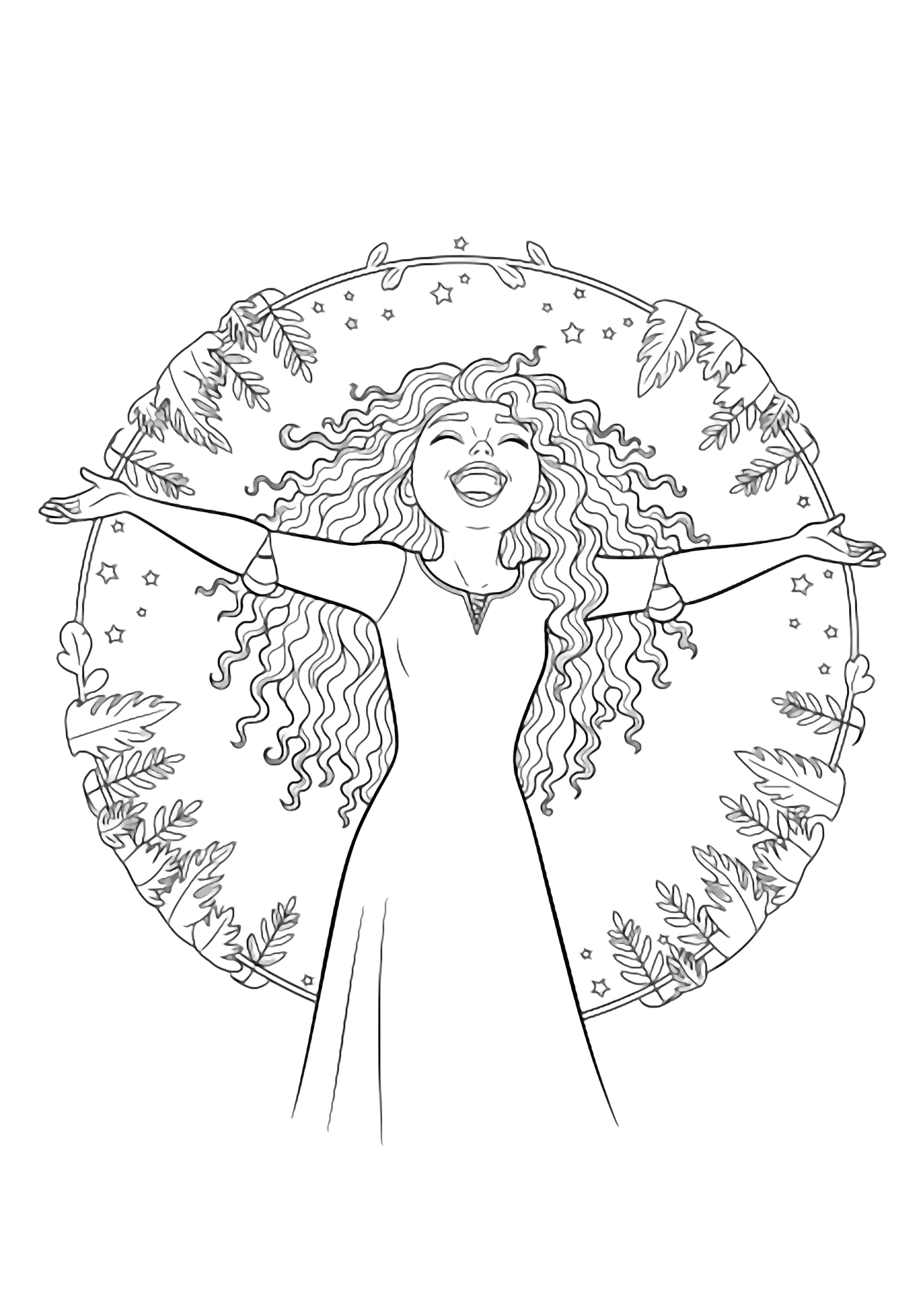 Merida laughs with arms wide, curly hair flying; a simple forest ring and tiny stars encircle her. kleurplaat
