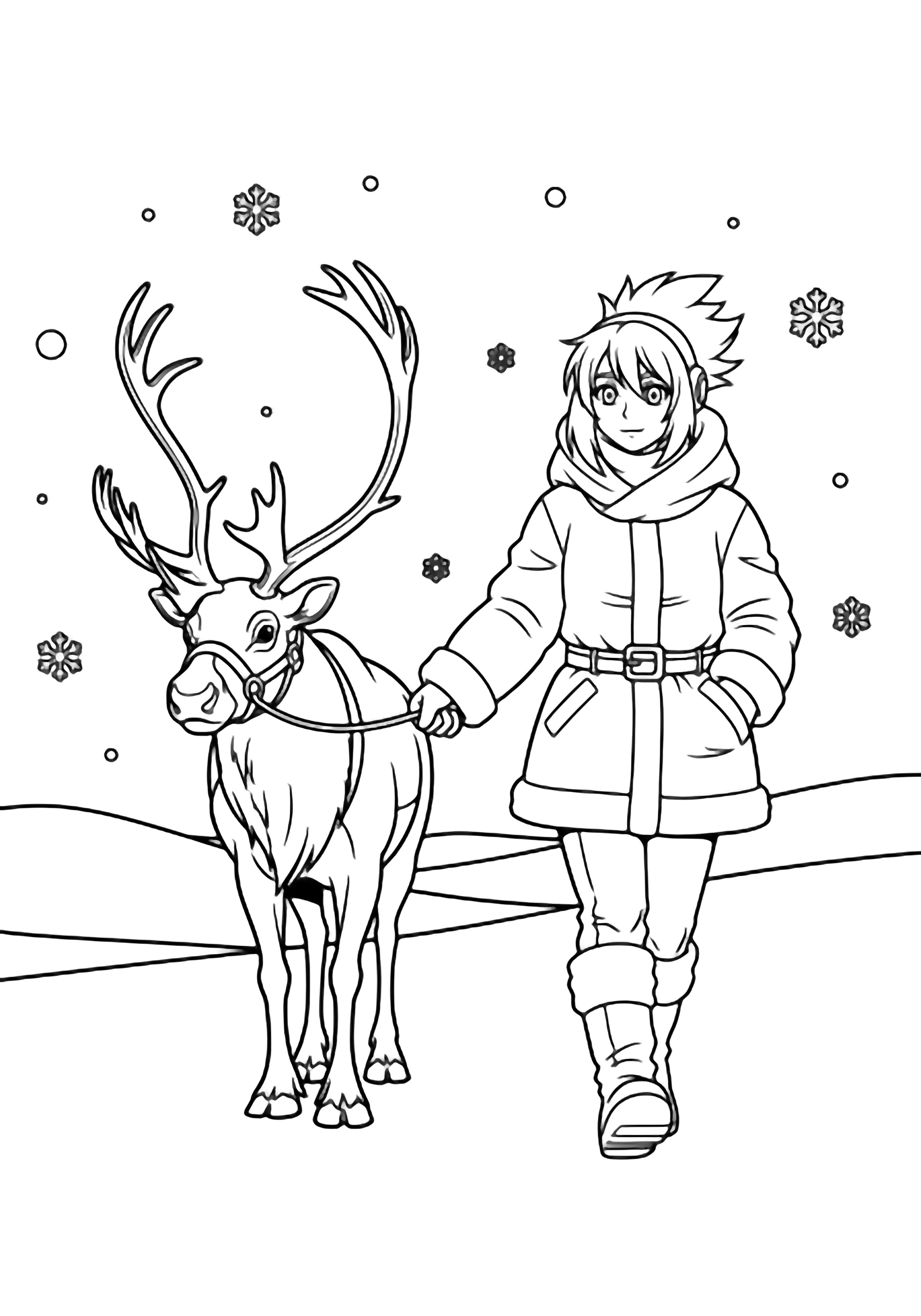Megumi in a chunky coat and spiky hair walks left, guiding a reindeer across gentle snowy hills while snowflakes drift. kleurplaat