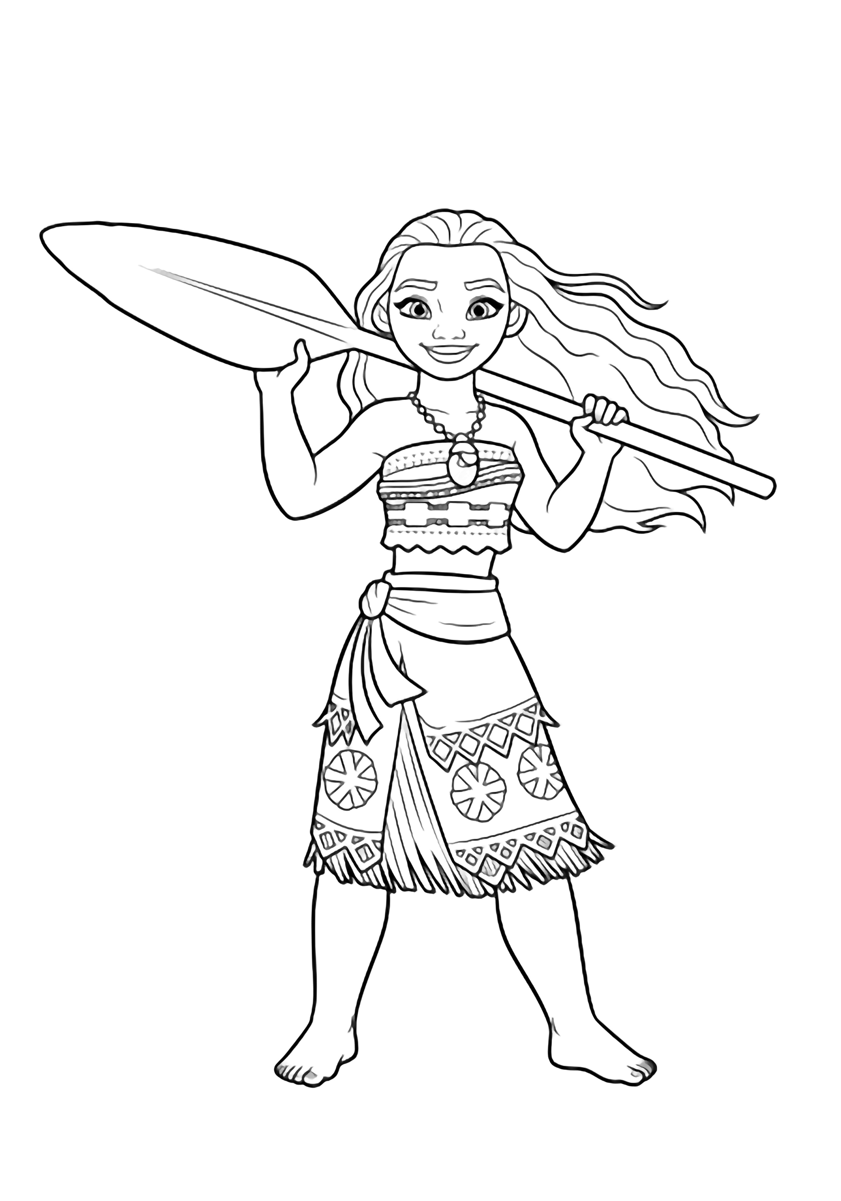 Moana stands smiling, balancing a long paddle across her shoulders while her hair flows gently. kleurplaat