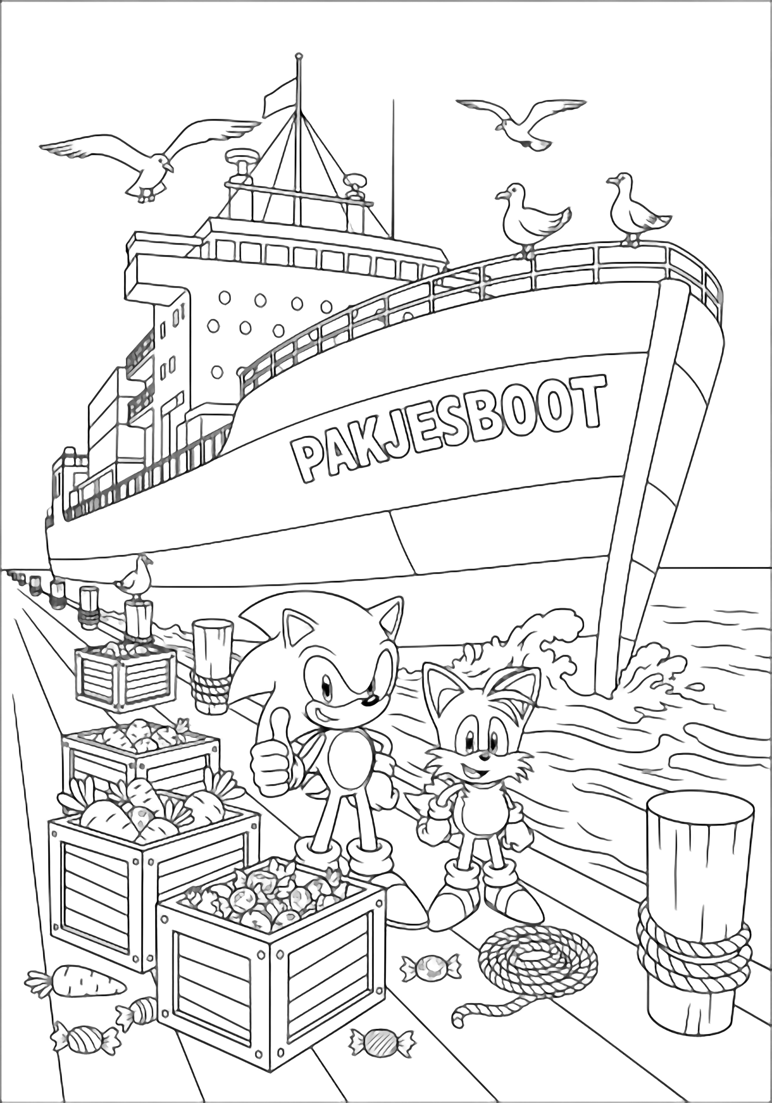 Sonic en Tails glimlachen op een steiger naast een vrachtschip; open kratten storten wortels en snoep, touwen, meeuwen, zachte golven, steigerpalen. kleurplaat