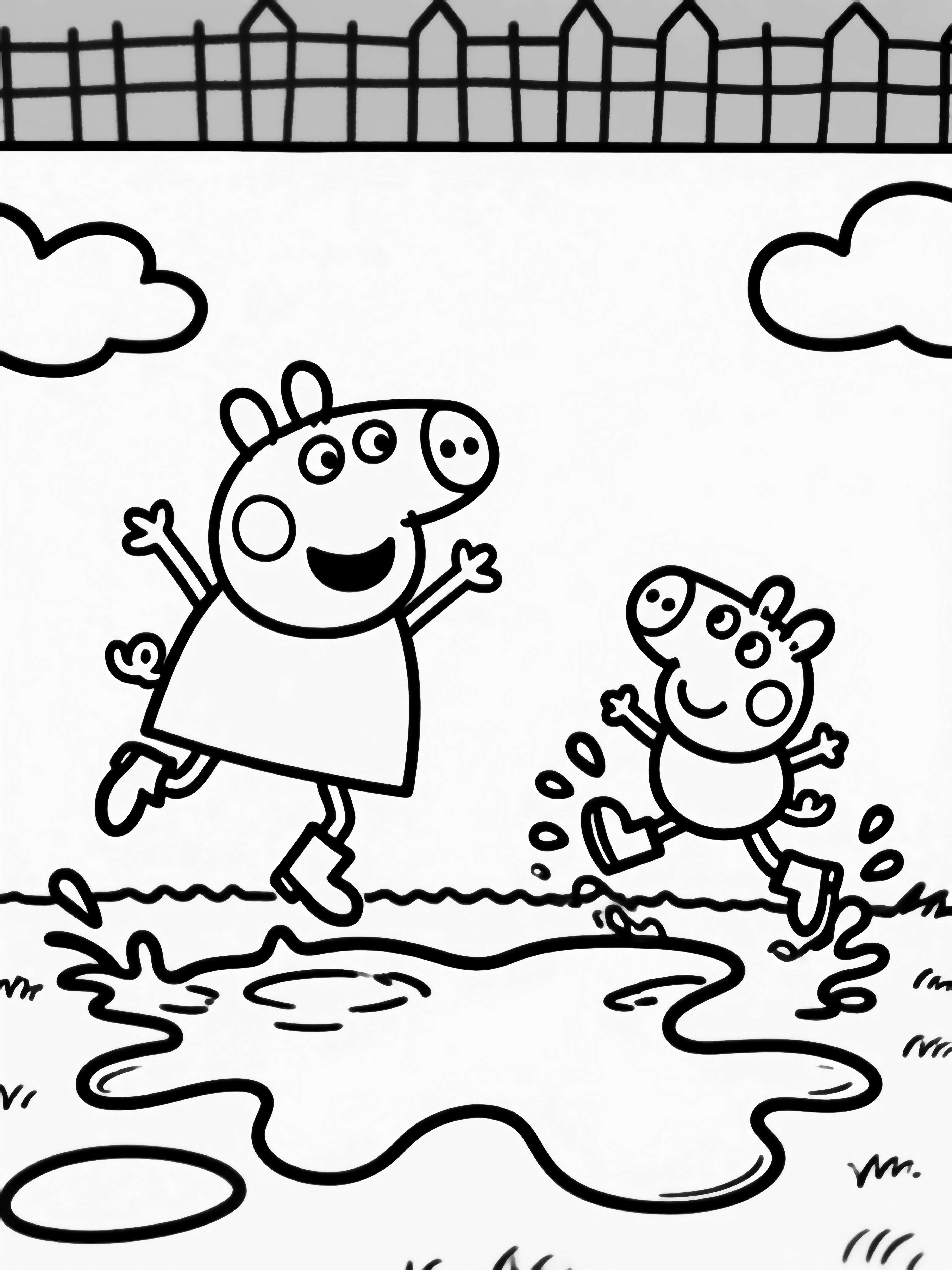 Peppa Pig leaps mid-air over a giant puddle while George hops beside her, boots splashing; wavy ground, distant fence, clouds frame the scene. kleurplaat