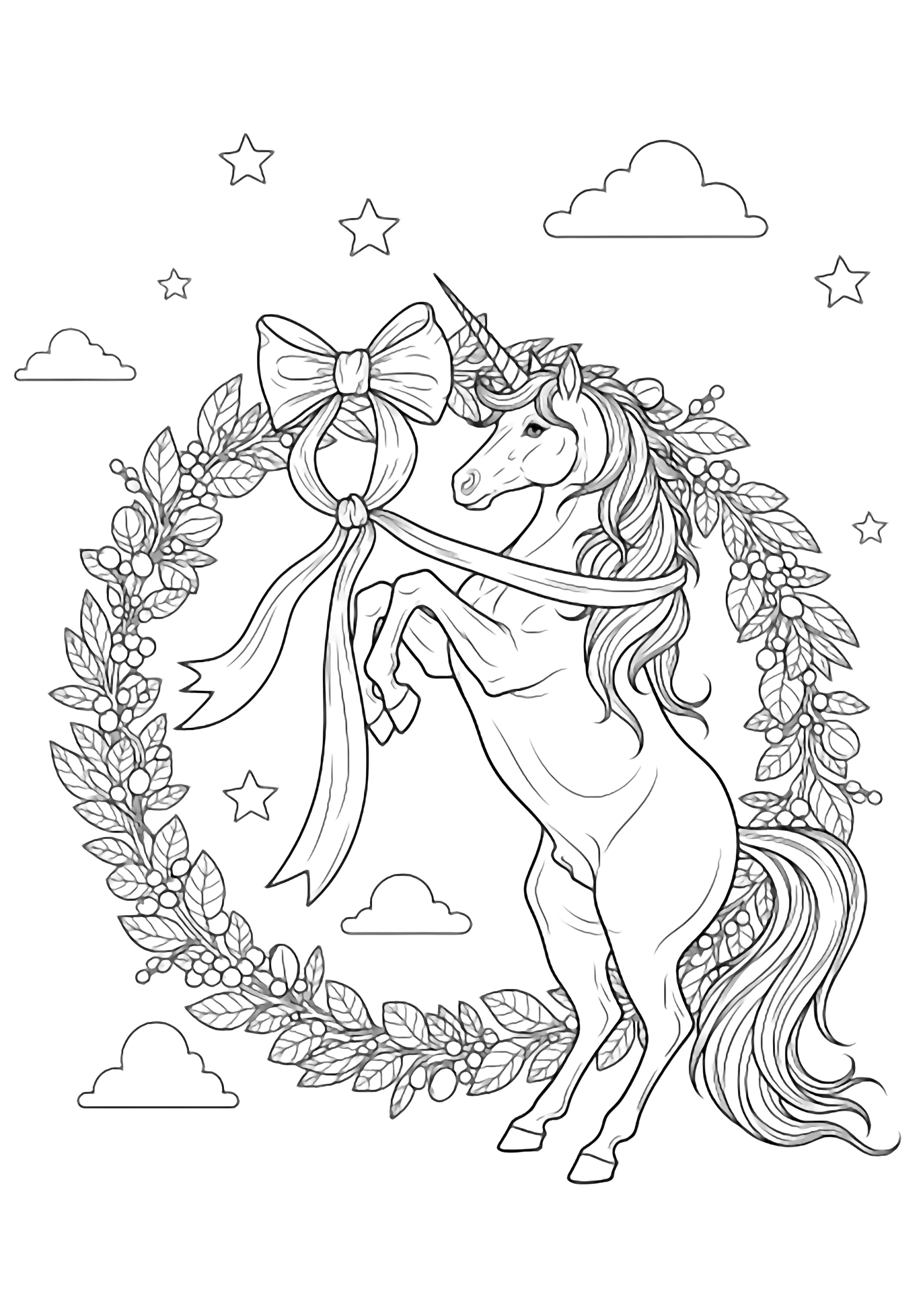 Unicorn rearing up, mane flowing, tying a big ribbon bow onto a leafy berry wreath, simple stars and clouds behind kleurplaat