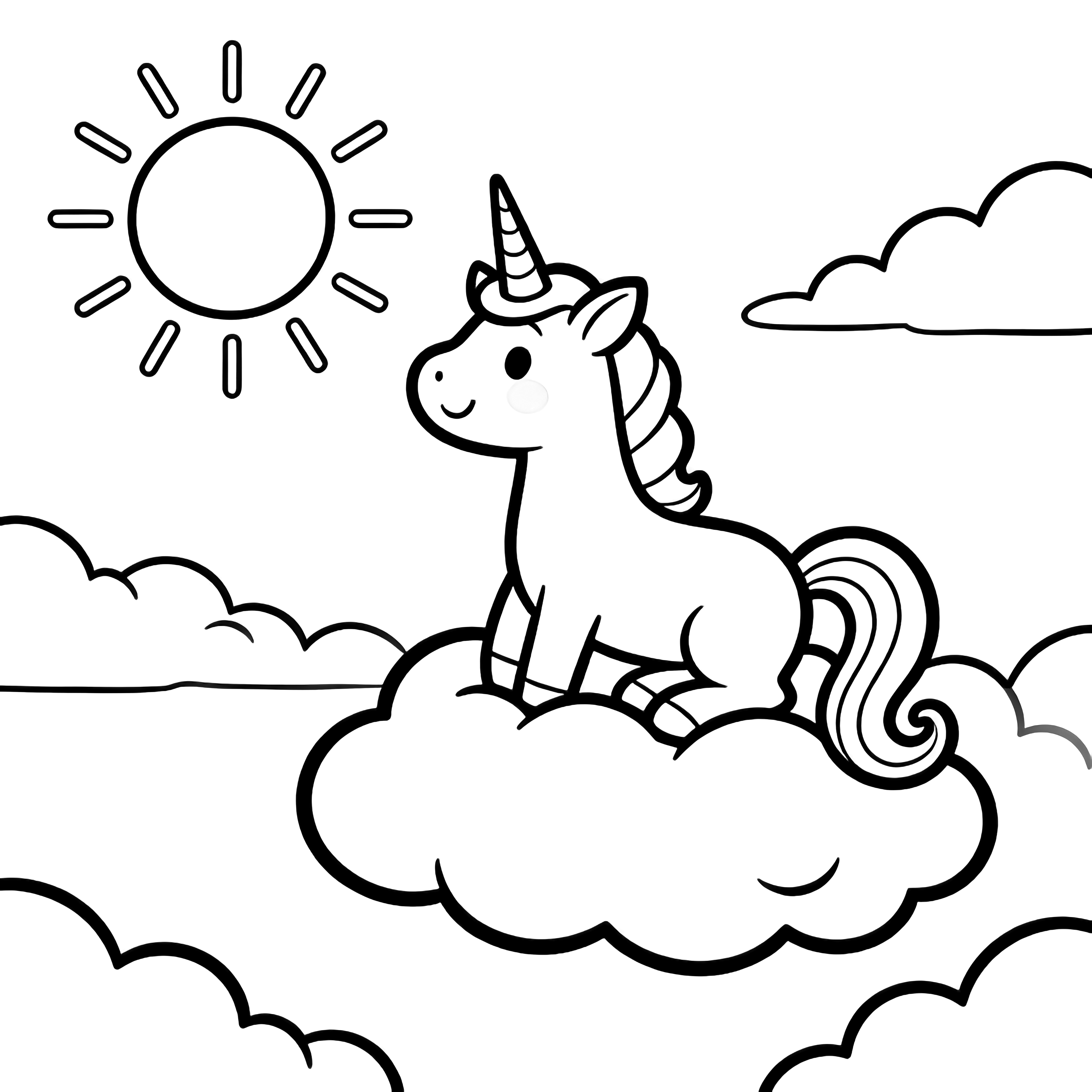 A smiling unicorn sits on a fluffy cloud, tail curled, watching the sunrise. kleurplaat