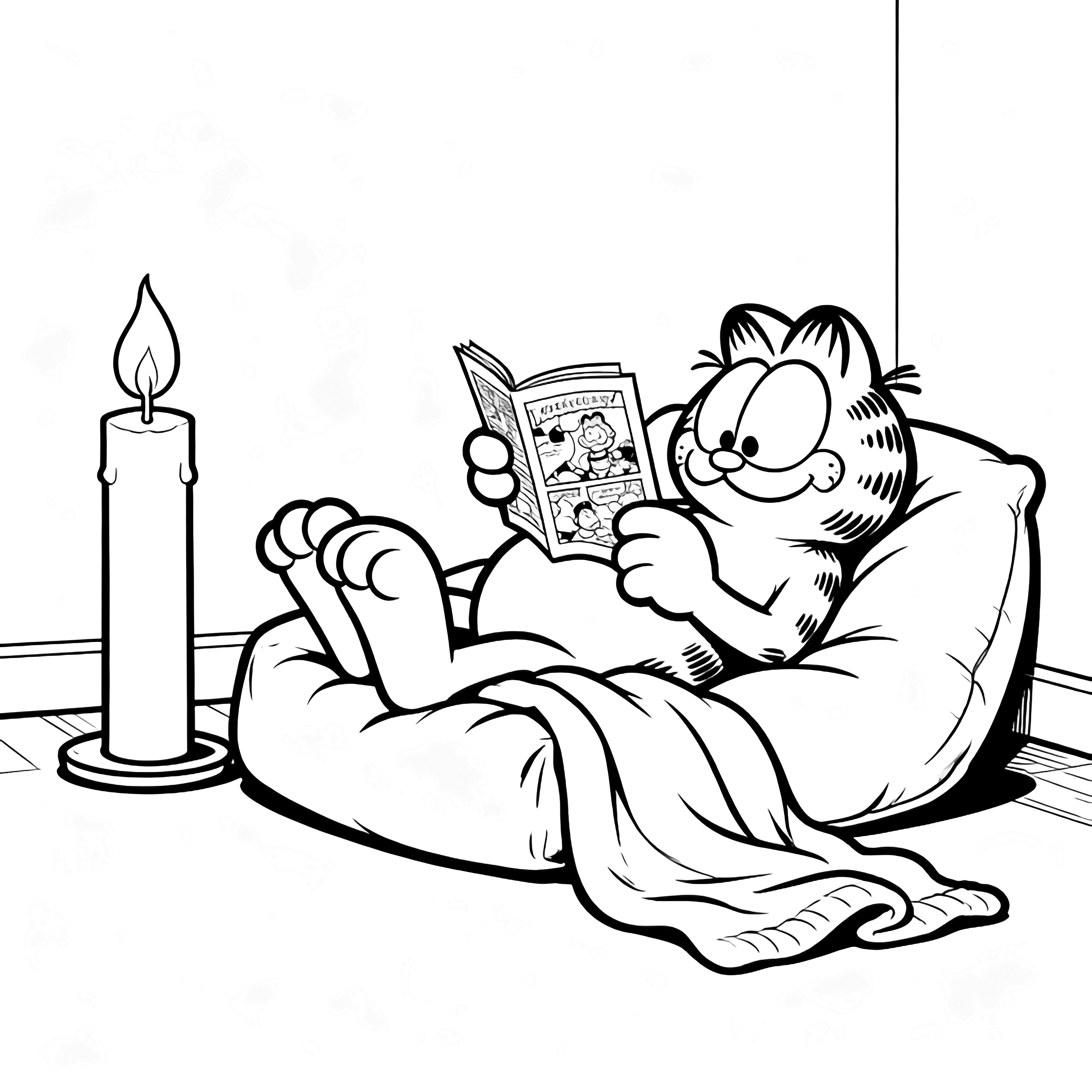 Garfield ligt languit op een kussen, met een poot een stripboek omslaand; een hoge kaars flakkert naast hem terwijl een deken van zijn buik glijdt in een kale kamer. kleurplaat