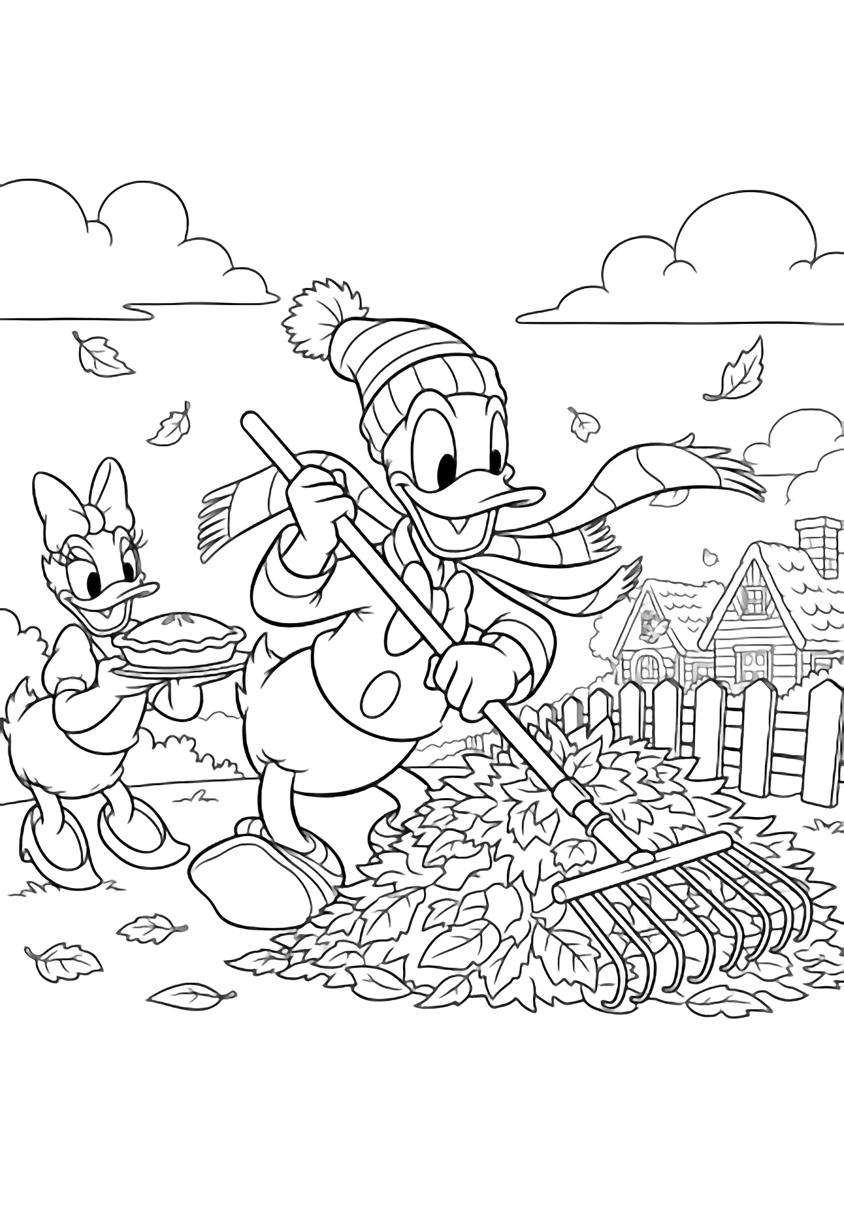 Donald Duck rakes leaves while Daisy arrives with a pie, both smiling near a cottage fence with drifting leaves and simple clouds overhead. kleurplaat