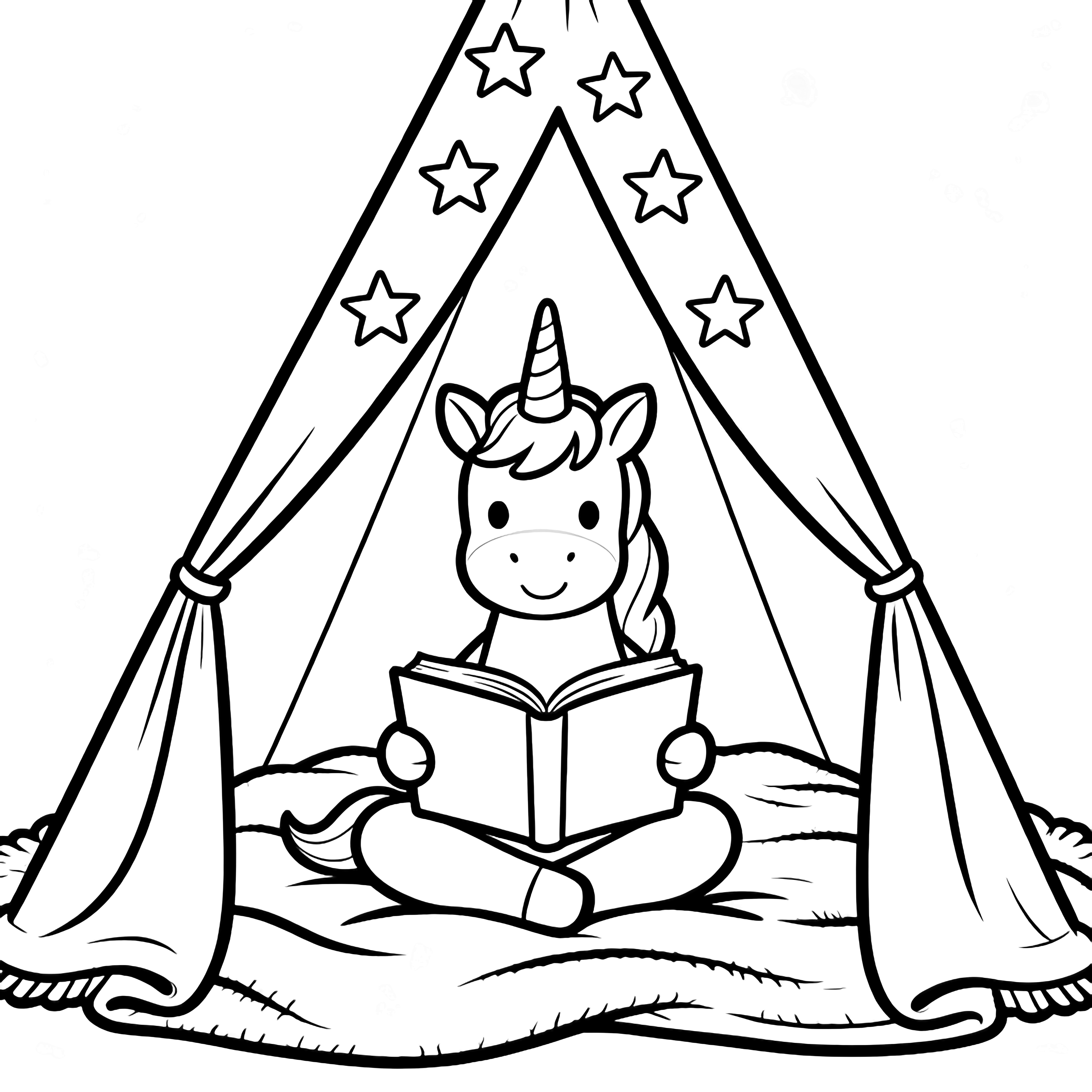 A smiling unicorn sits cross-legged inside a blanket-fort tent reading an open book, draped blankets forming triangle walls with stars peeking through the flap. kleurplaat