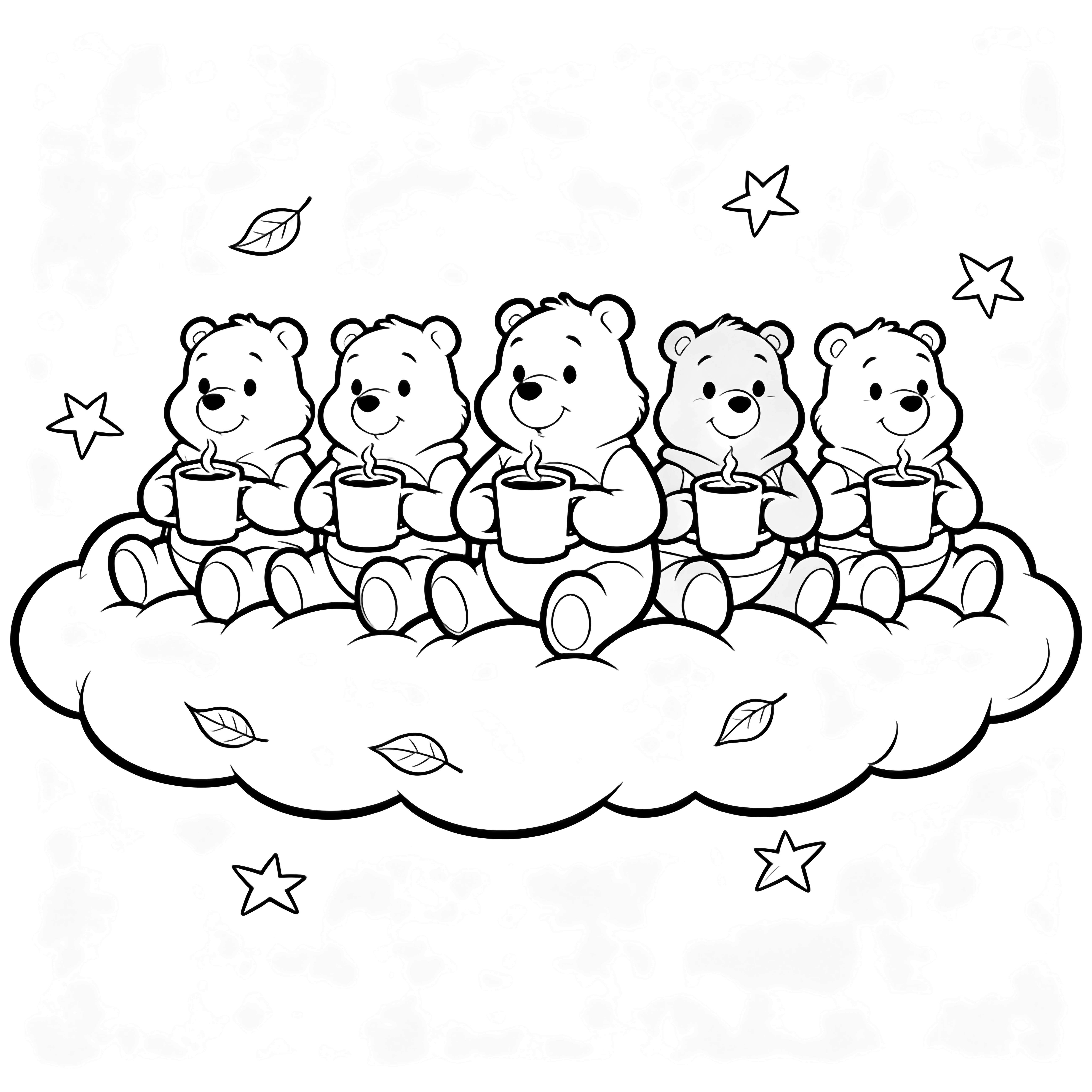 Five Care Bears sit on a puffy cloud holding cocoa mugs while star-shaped leaves drift around them. kleurplaat