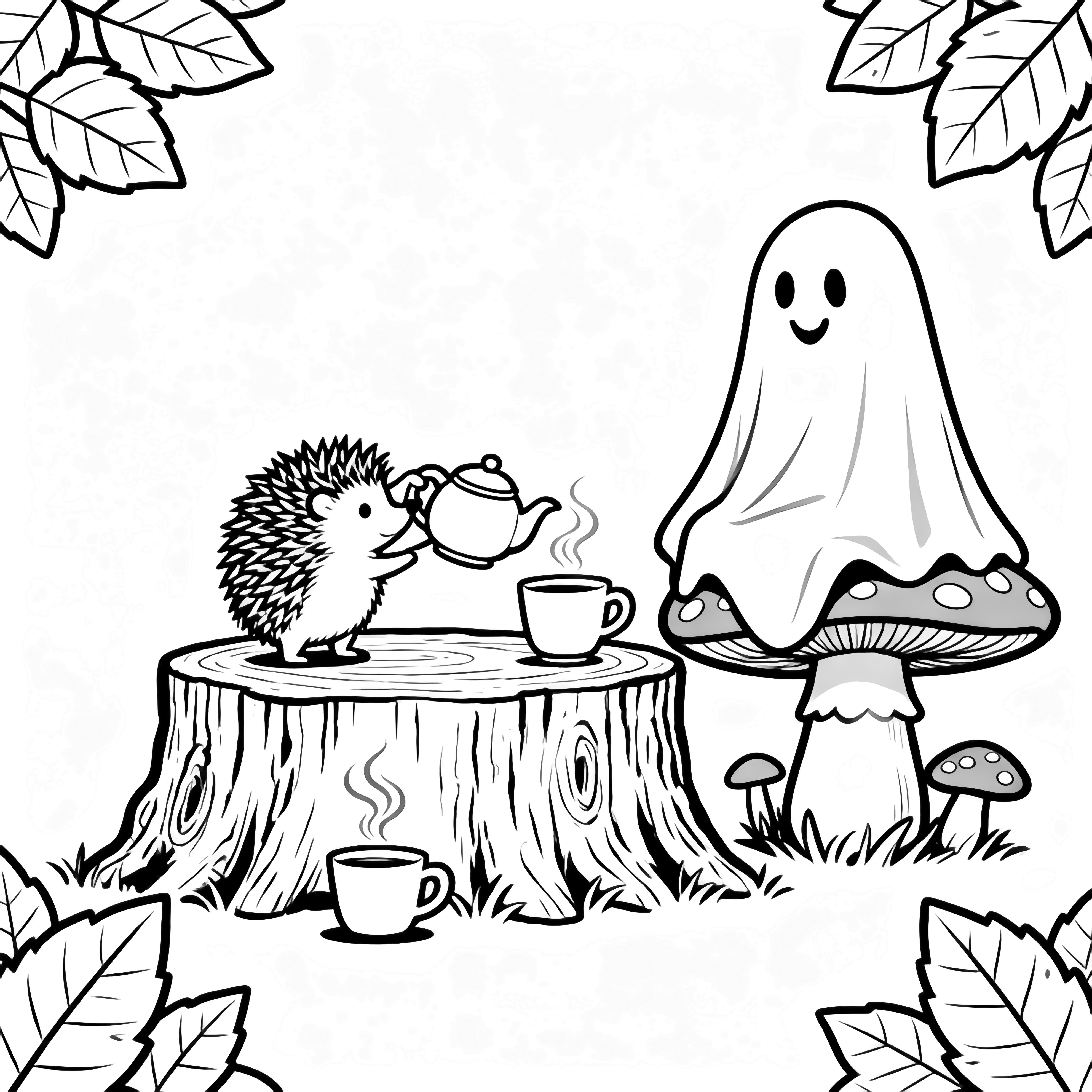 Tiny hedgehog pours tea for a smiling sheet-ghost on a toadstool beside a tree-stump table; steaming mugs, swirls, and drifting leaves fill a cozy forest caf. kleurplaat