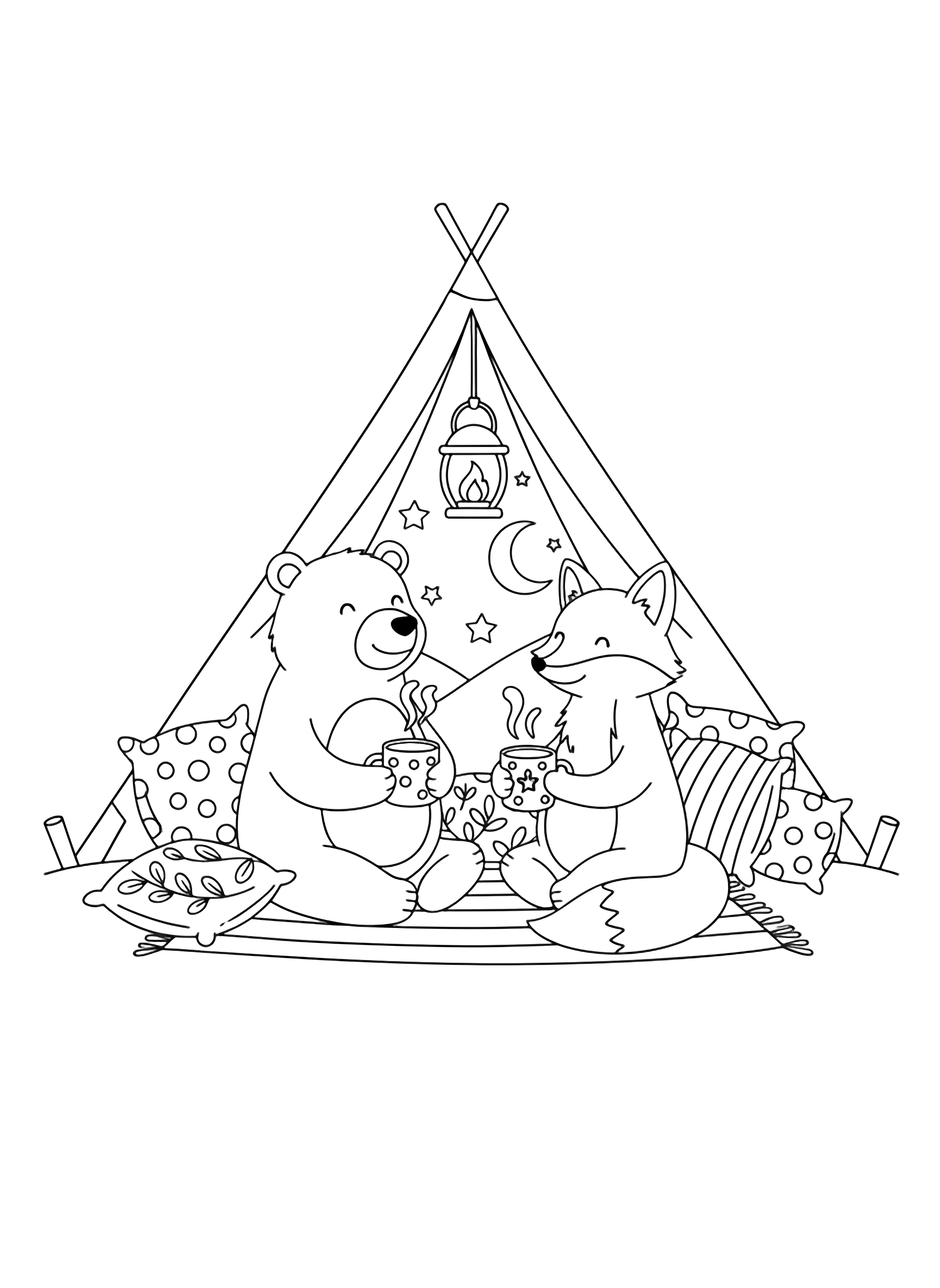 illustration on a A simple tent interior: two smiling forest animals (bear and fox) sit cross legged among big pillows each holding a steaming mug; lantern hangs above tiny stars peek through open tent flap; bold outlines lots of white space to color clean black kleurplaat