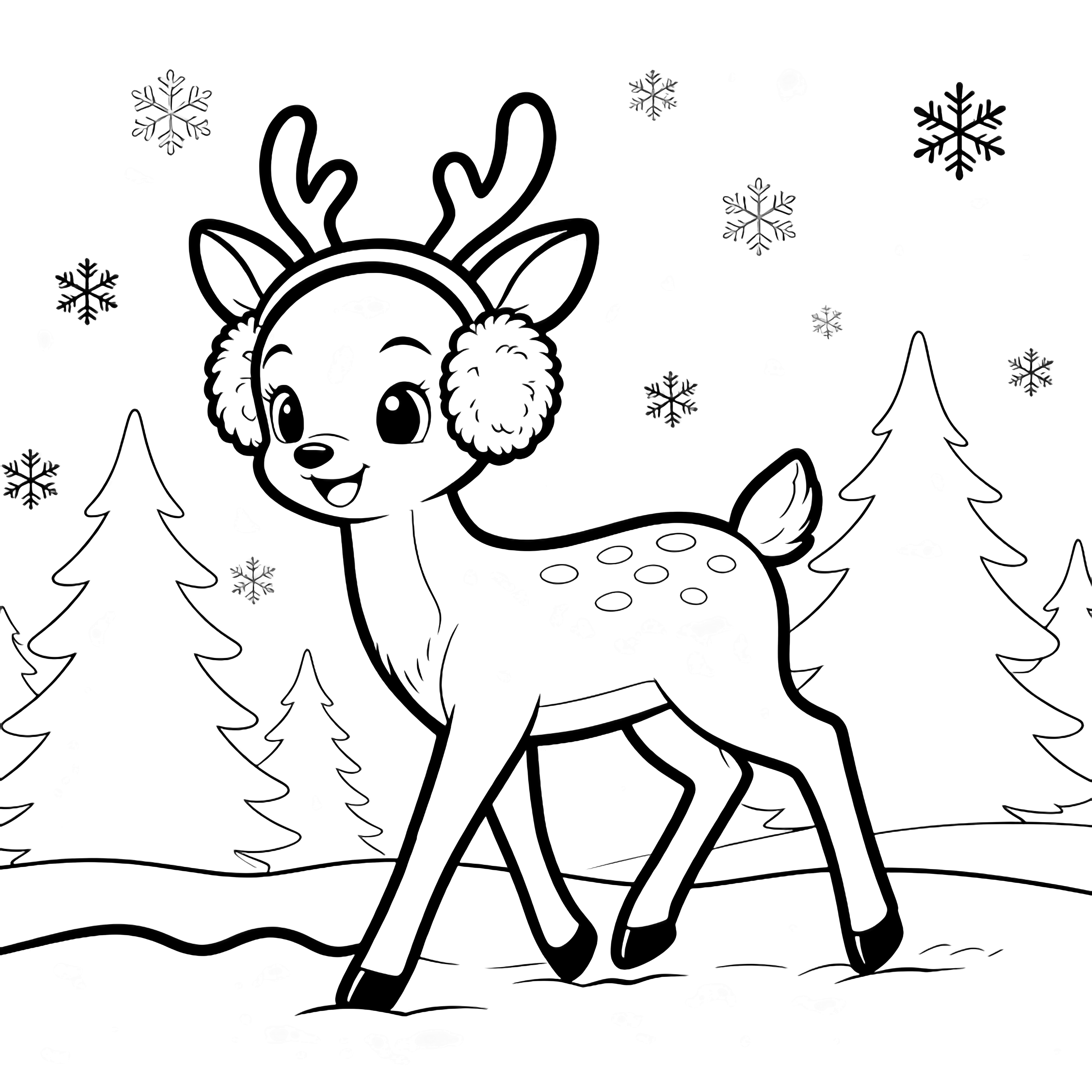A young deer with earmuffs walks among drifting snowflakes, backed by simple evergreens and a wavy horizon line. kleurplaat