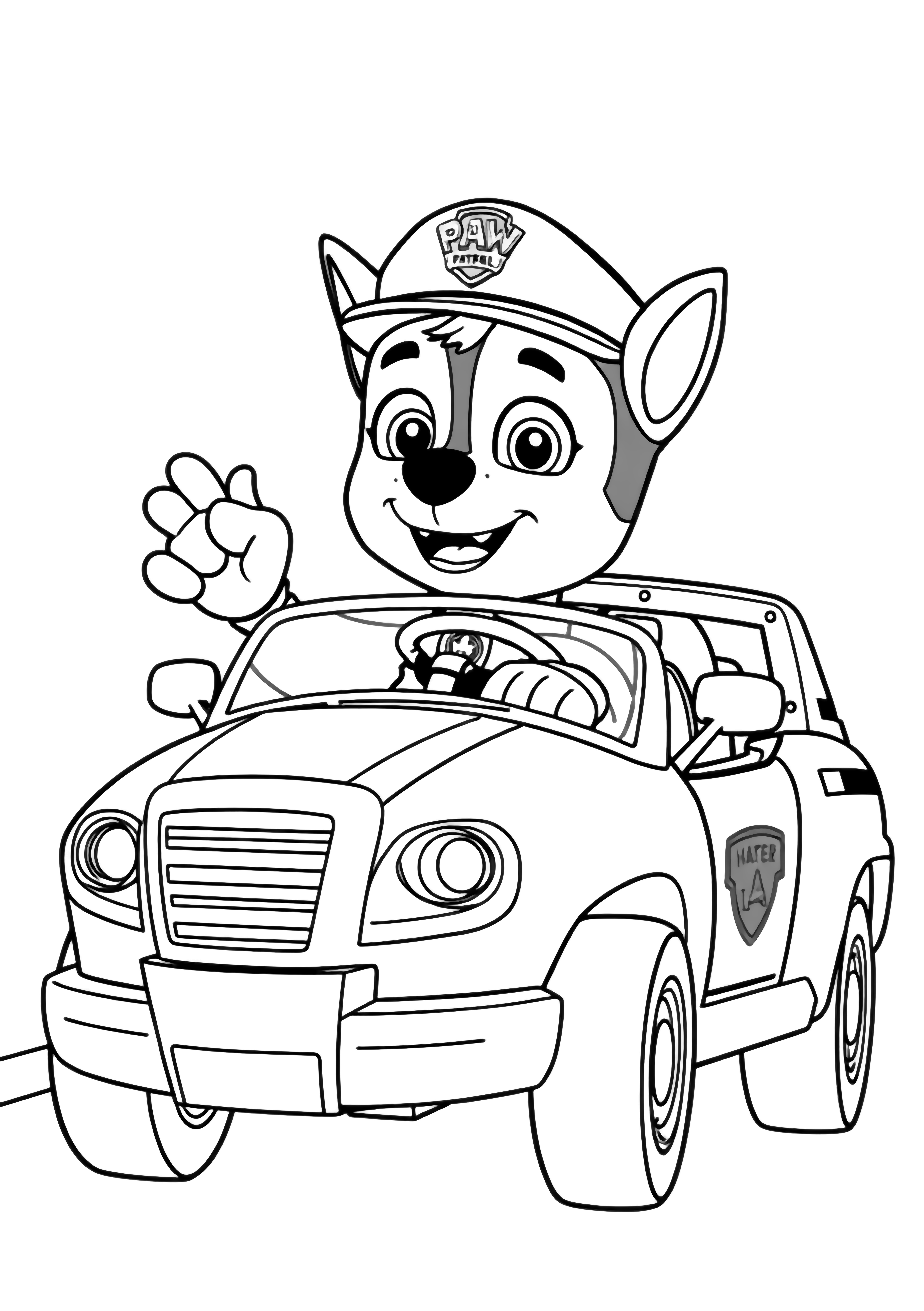 A black and white page featuring Chase from PAW Patrol proudly driving his sturdy police cruiser across the center of an A4 vertical sheet The pup sits upright behind the wheel his cap perfectly straight one paw raised in a friendly wave The cruiser is shown in a dynamic three quarter view its front and side clean black and white line drawing minimal shading no colour no fill kleurplaat