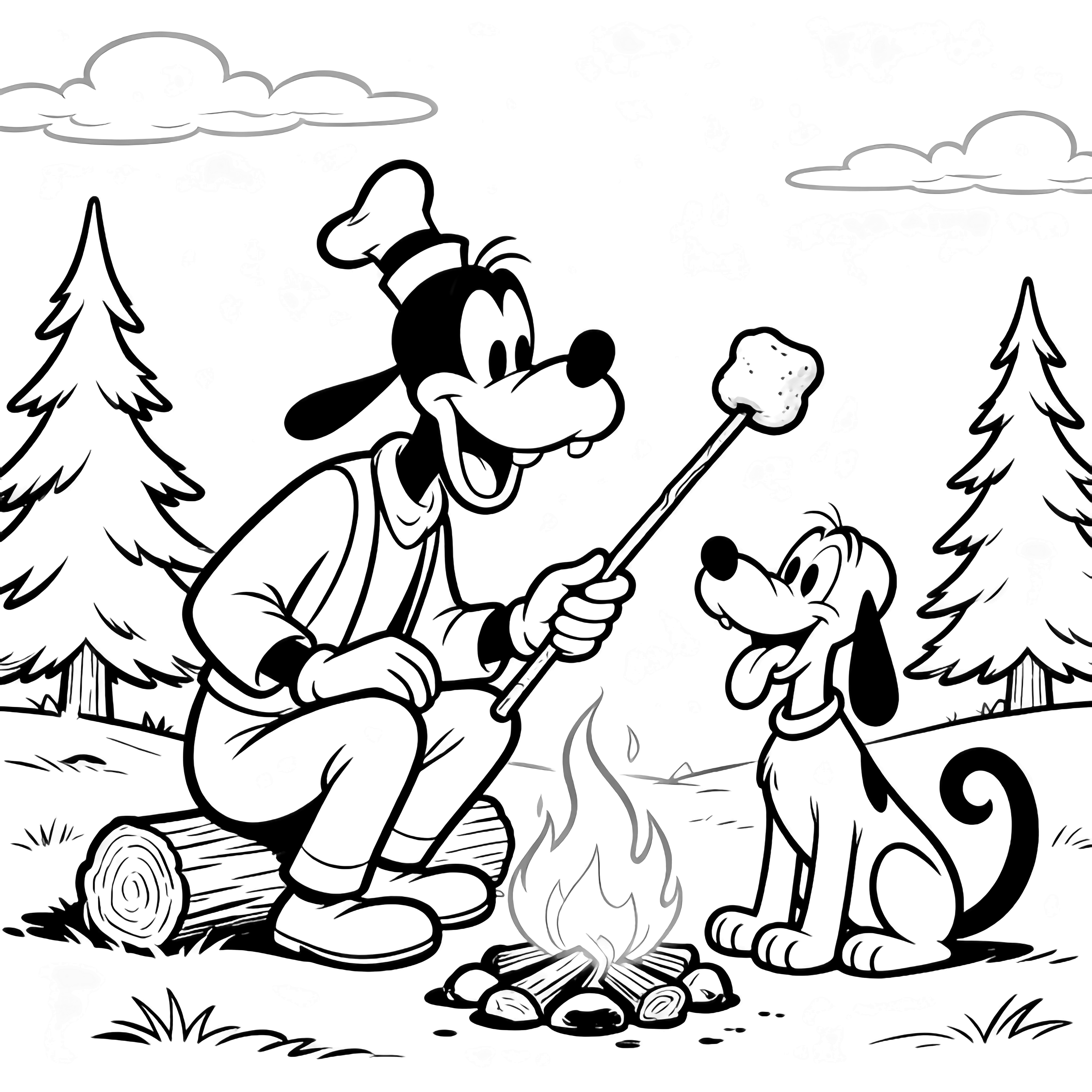 Goofy squats roasting a marshmallow over a crackling campfire while Pluto sits beside him, tongue out and tail wagging, framed by simple pines and clouds. kleurplaat