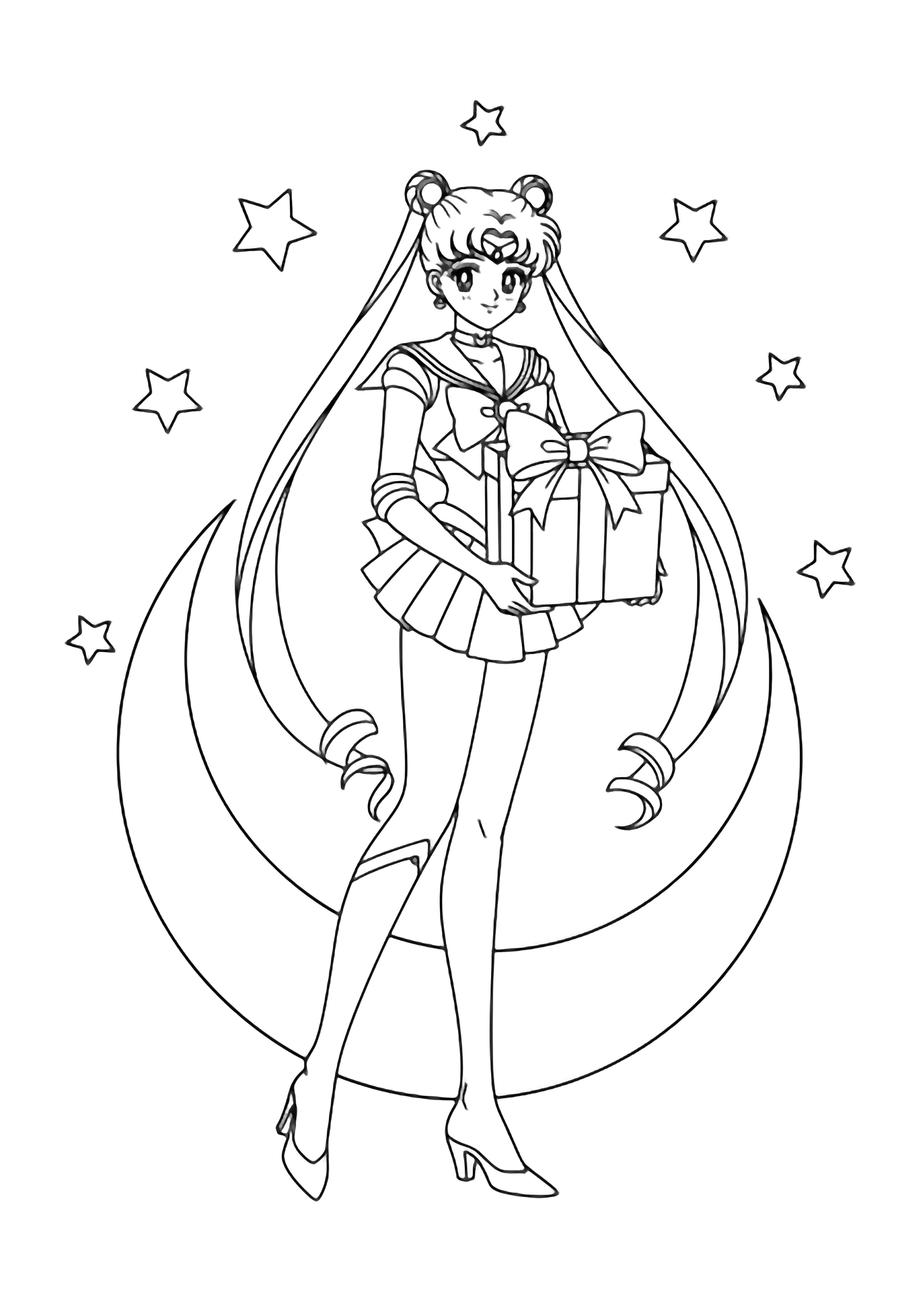 Sailor Moon with flowing ponytails stands above a crescent moon, holding a gift box; stars sparkle around her. kleurplaat