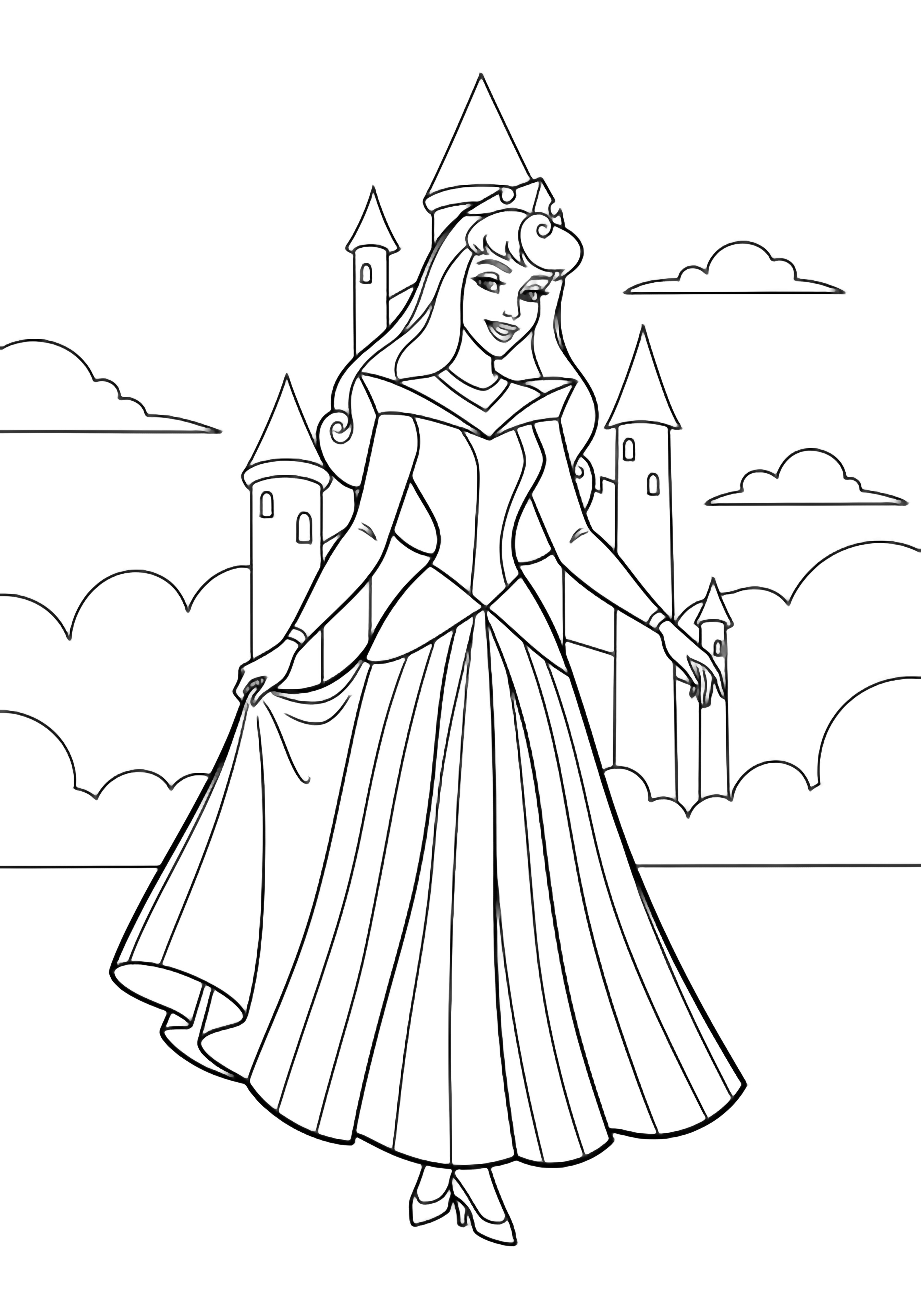 Princess Aurora smiling, lifting her long striped skirt, flowing hair, simple castle towers and clouds behind. kleurplaat