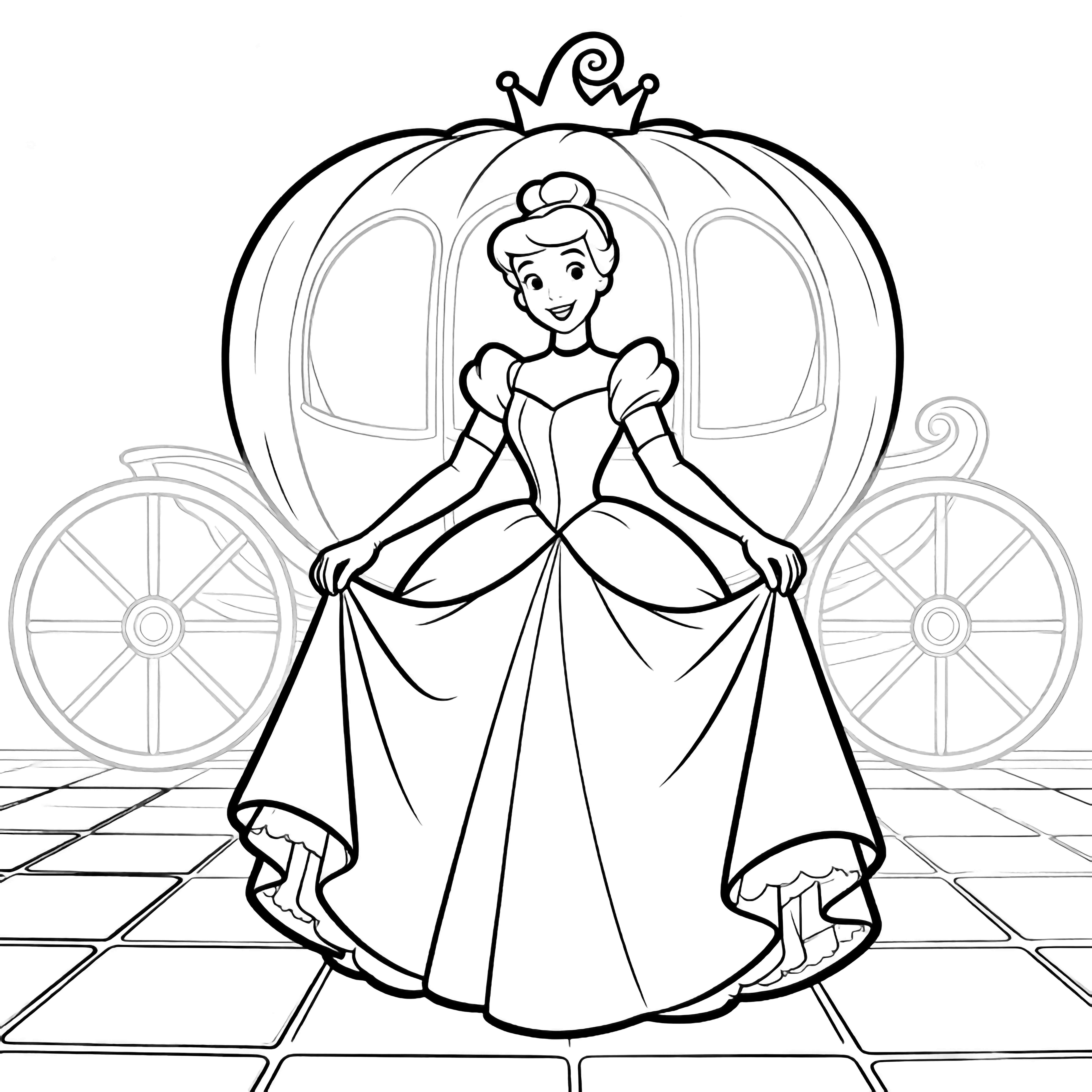 Cinderella stands smiling, gloved hands lifting her skirt; pumpkin coach and crown swirl behind her on tiled floor. kleurplaat