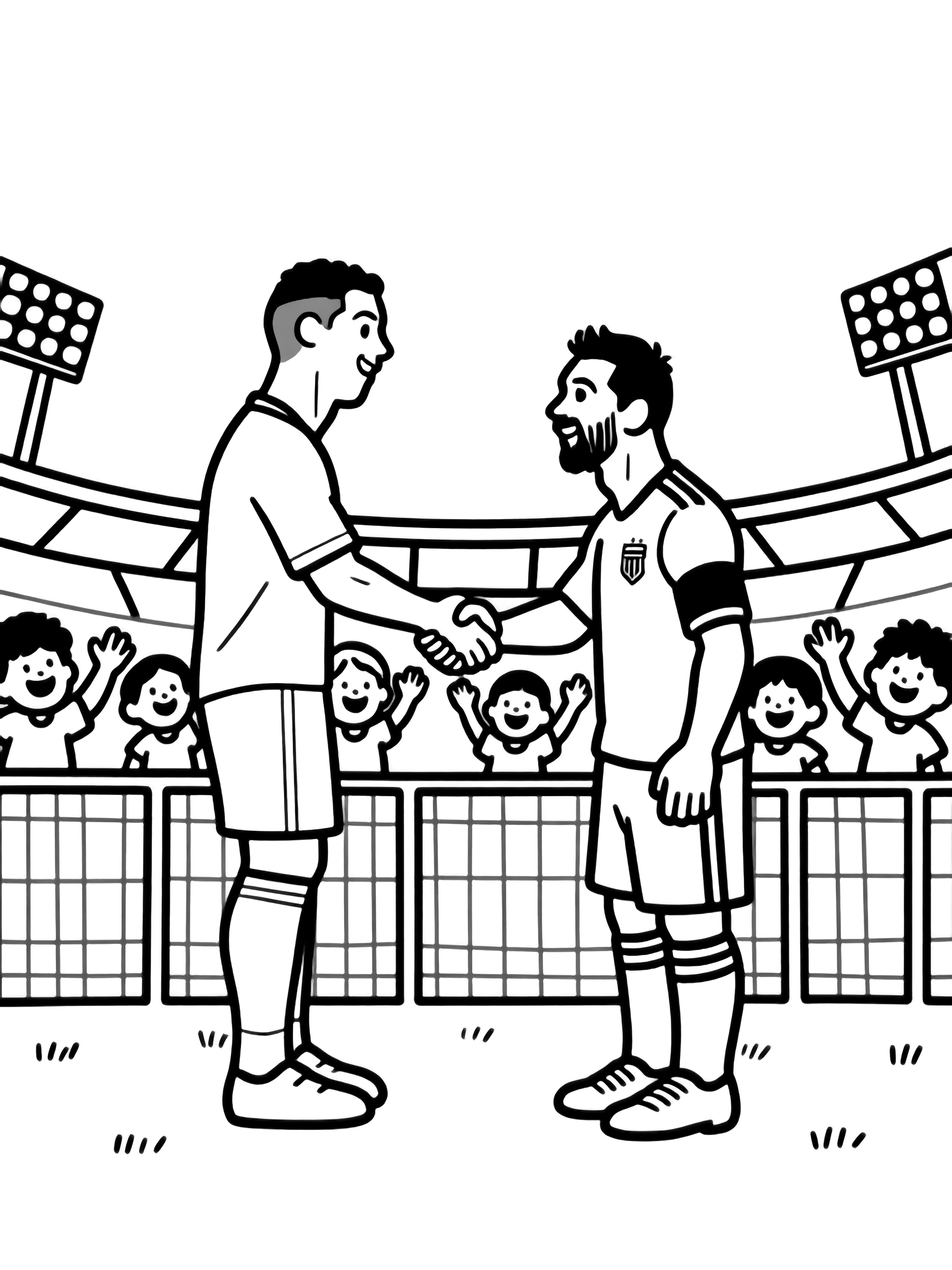 Ronaldo and Messi shake hands at midfield; behind them, happy kids wave from beyond a low fence under a simple stadium backdrop. kleurplaat