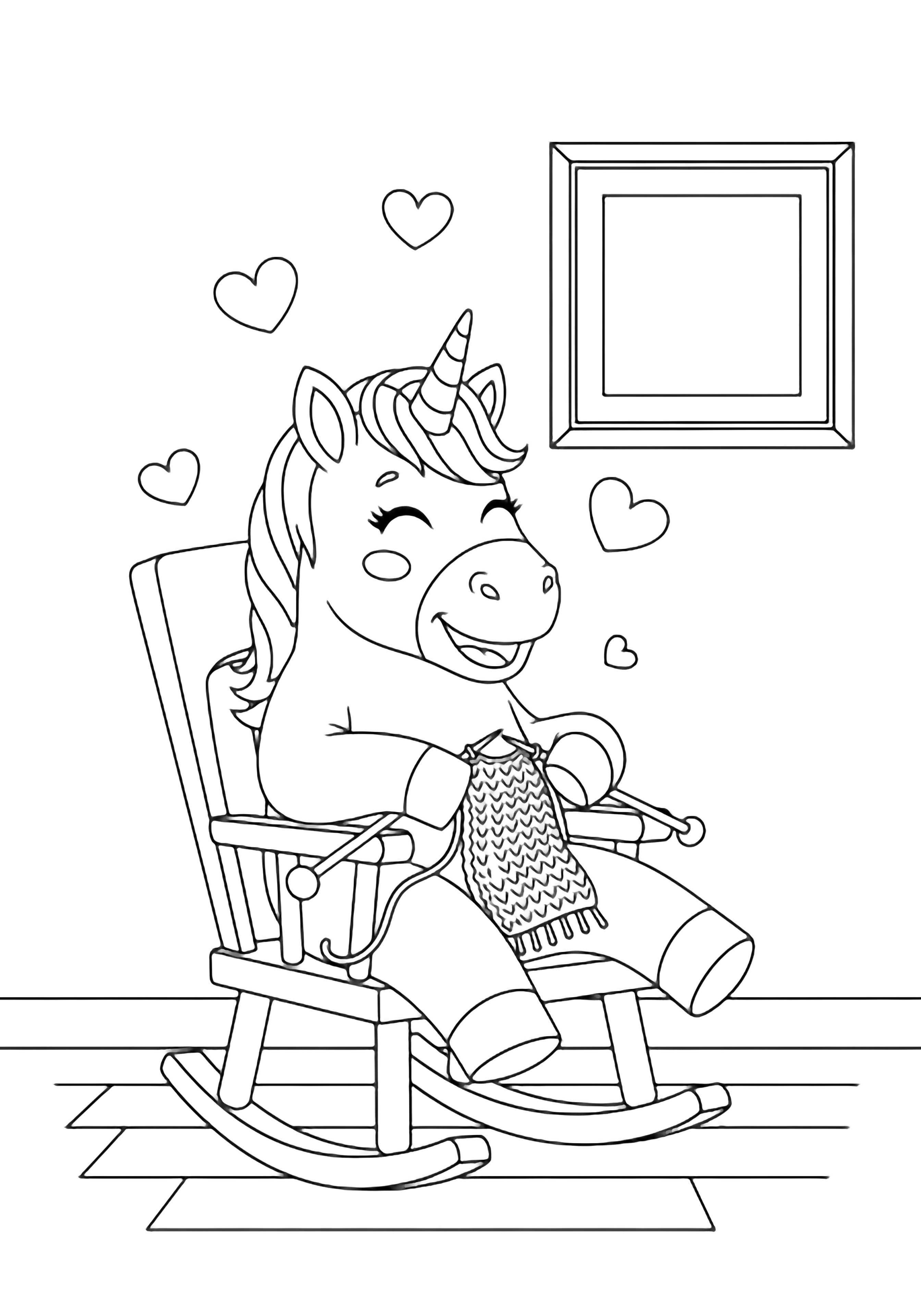 A smiling unicorn sits in a small rocking chair, knitting a tiny scarf; hearts drift nearby, a picture frame hangs behind on a plain floor. kleurplaat