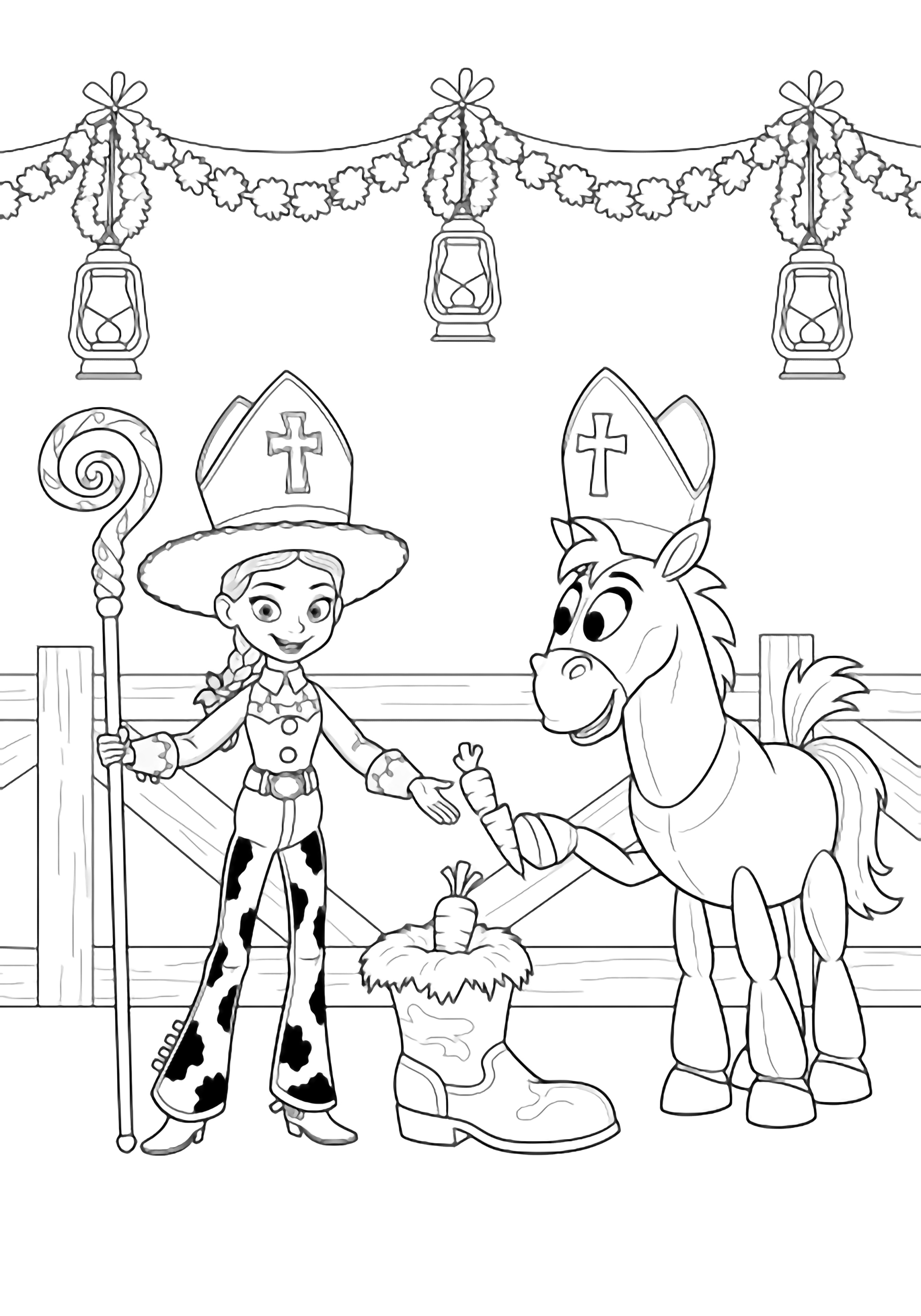 Jessie and Bullseye in a barn wearing bishop mitres; Jessie holds a staff, Bullseye presents a carrot to a hay-bale shaped like a boot, with garland loops above. kleurplaat