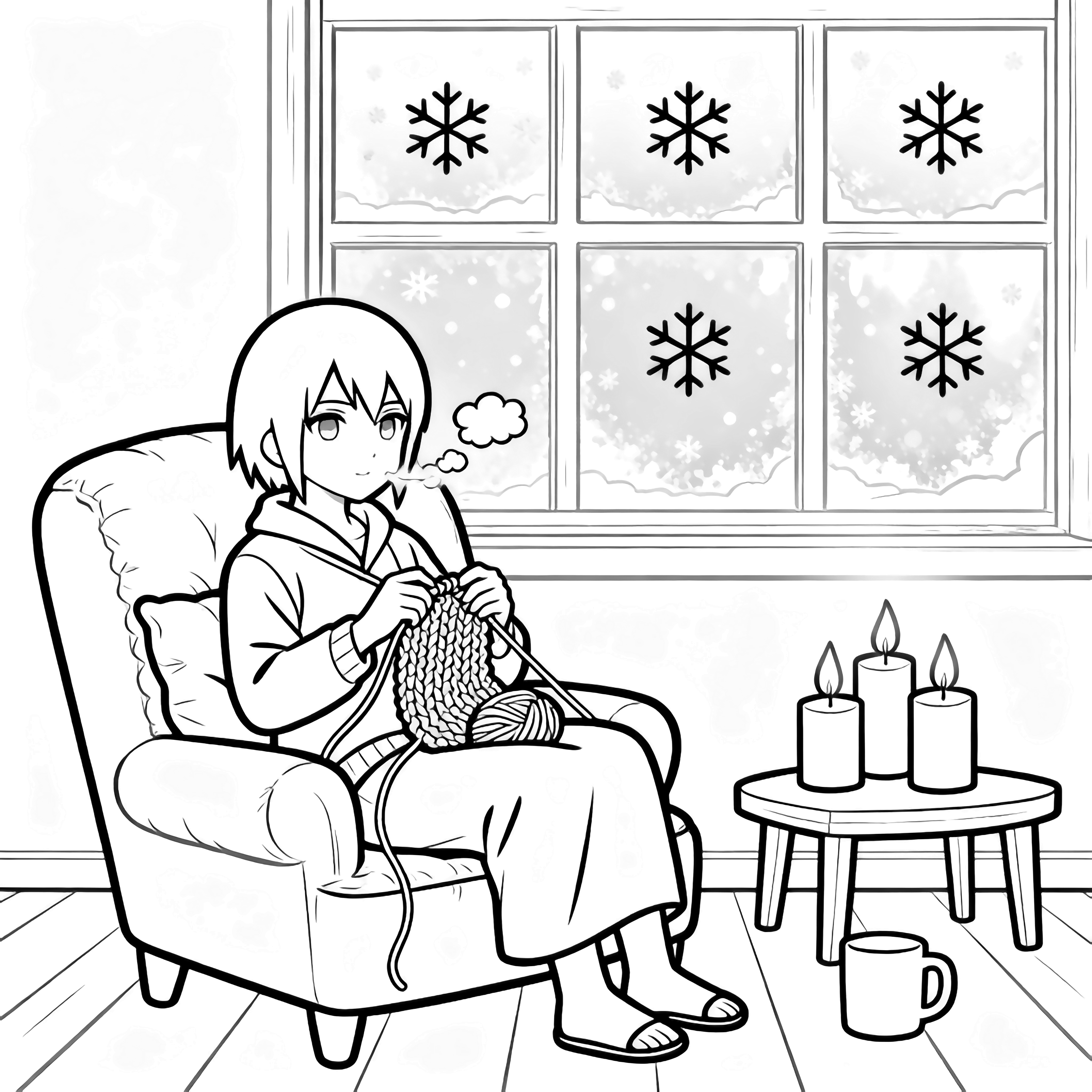 Hinata sits knitting on a cushioned chair; frosted window with six snowflake panes behind her, breath clouds near her mouth, three candles on a small table, empty mug outline on smooth floorboards. kleurplaat