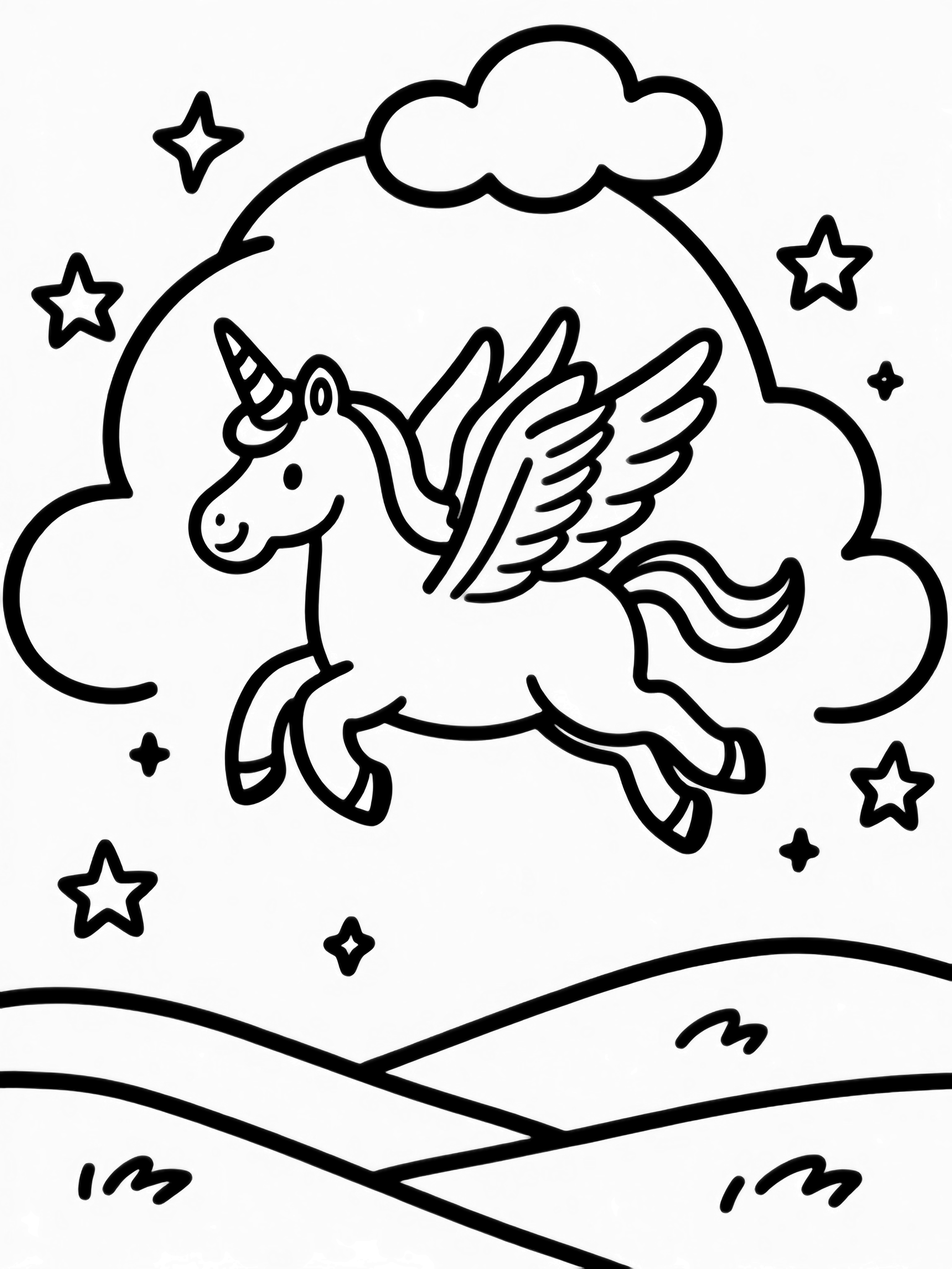 A smiling winged unicorn glides above a fluffy arched cloud band, with stars twinkling above rolling hills. kleurplaat