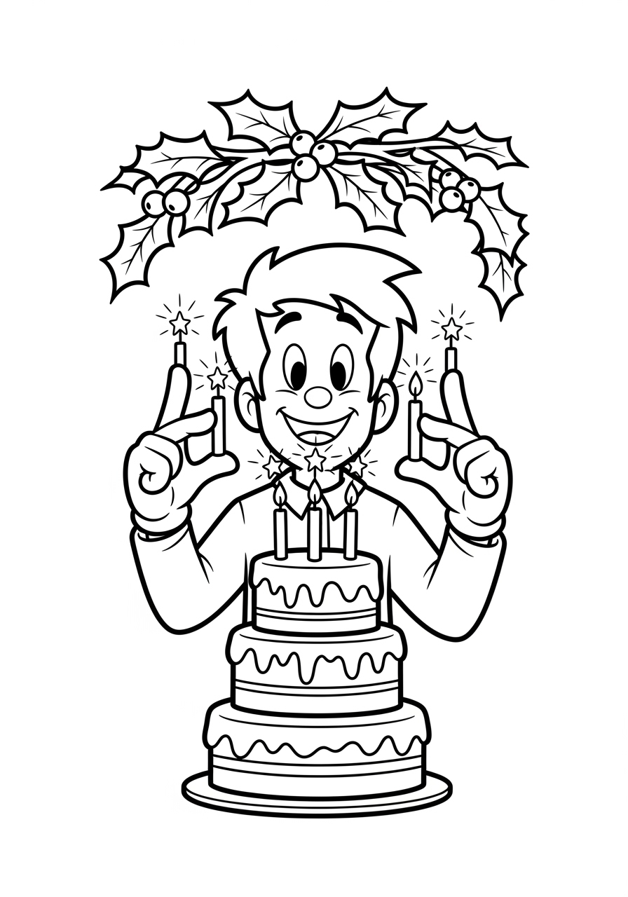 Roy stands behind a three-tier Christmas cake, snapping his fingers as tiny star-burst flames leap toward candle wicks, holly garland looping behind. kleurplaat