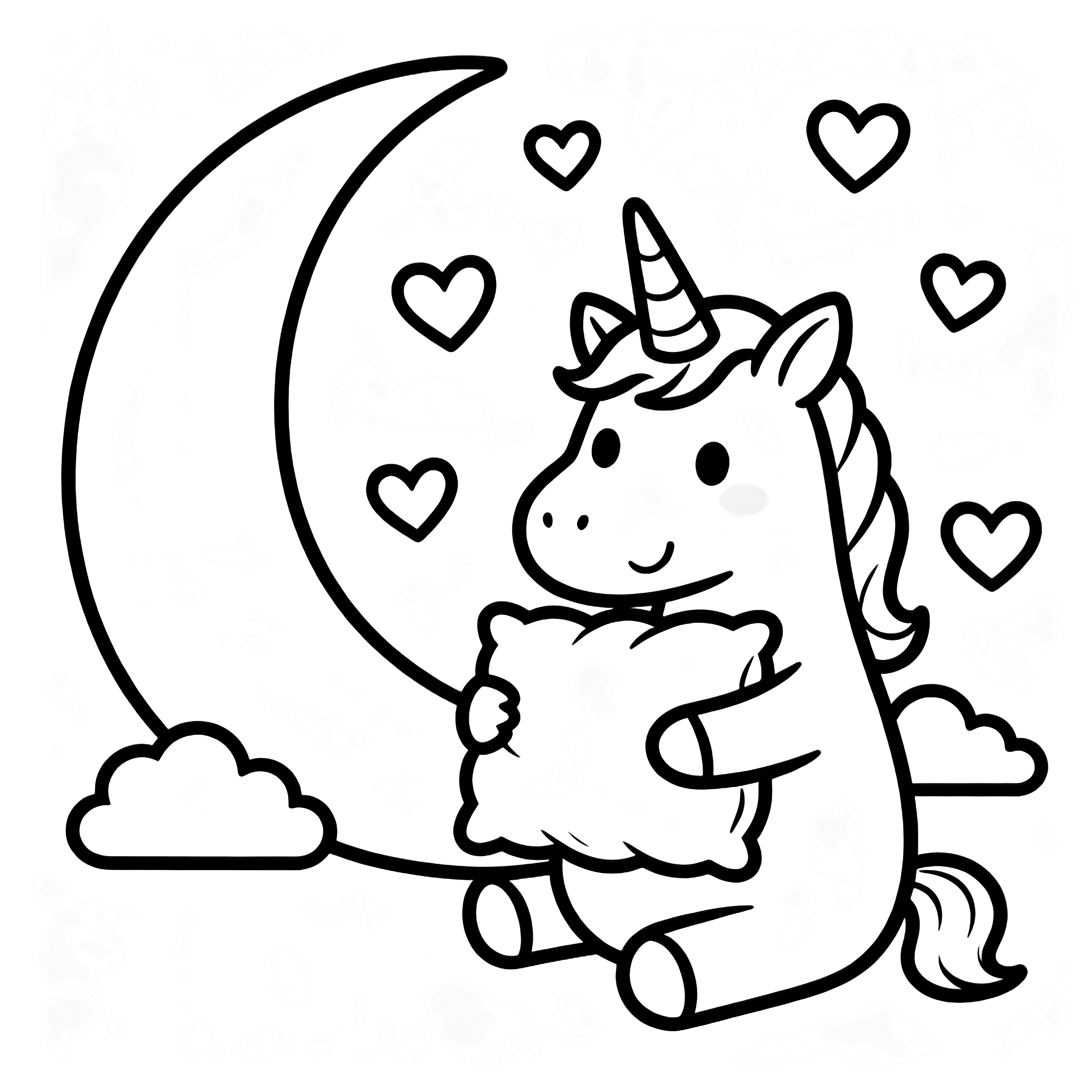 A smiling unicorn sits hugging a fluffy pillow, surrounded by floating hearts, a crescent moon, and two tiny clouds. kleurplaat