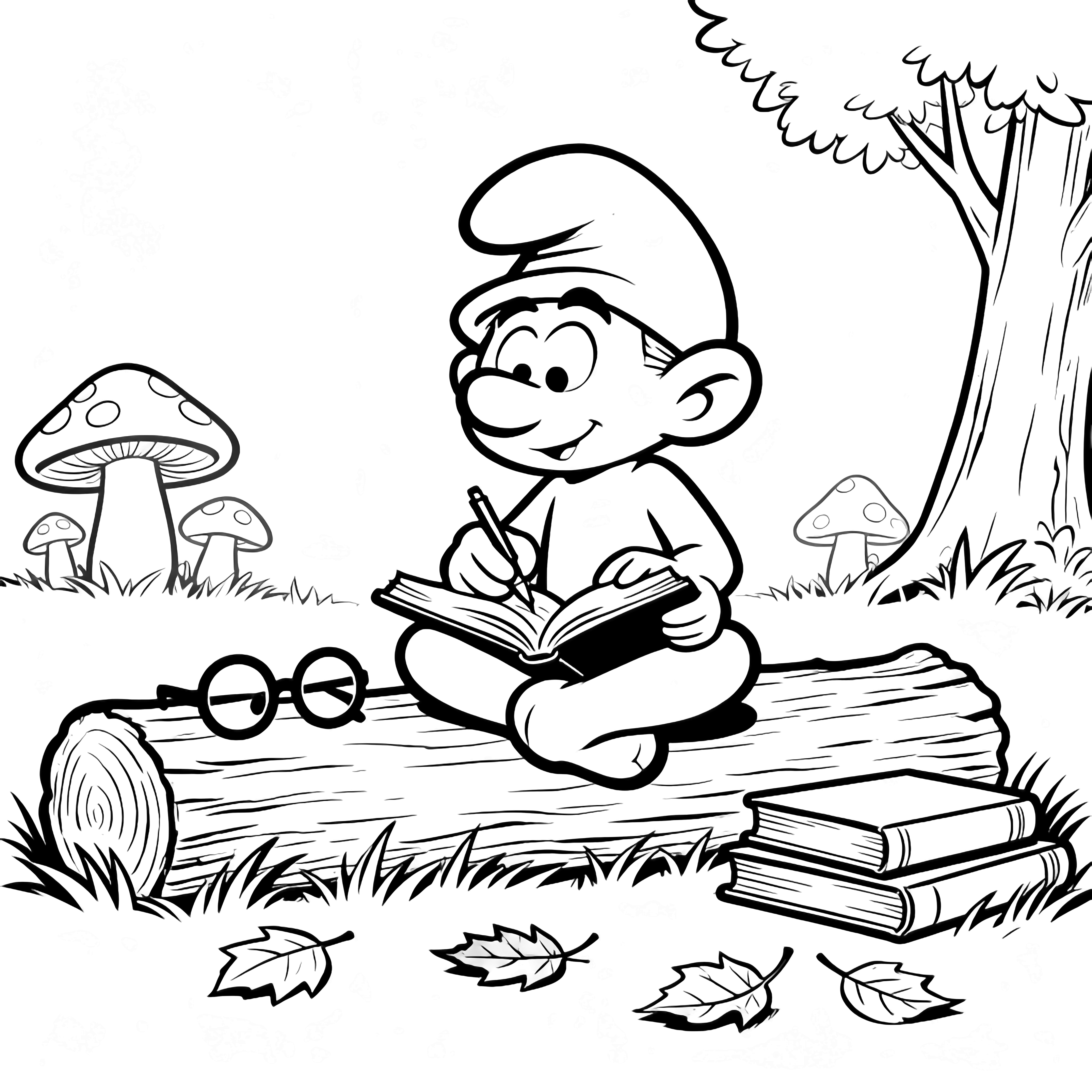 Brainy Smurf cross-legged on a log, writing in an open notebook; round glasses, stacked books beside him, fallen leaves, mushrooms, simple trees behind. kleurplaat