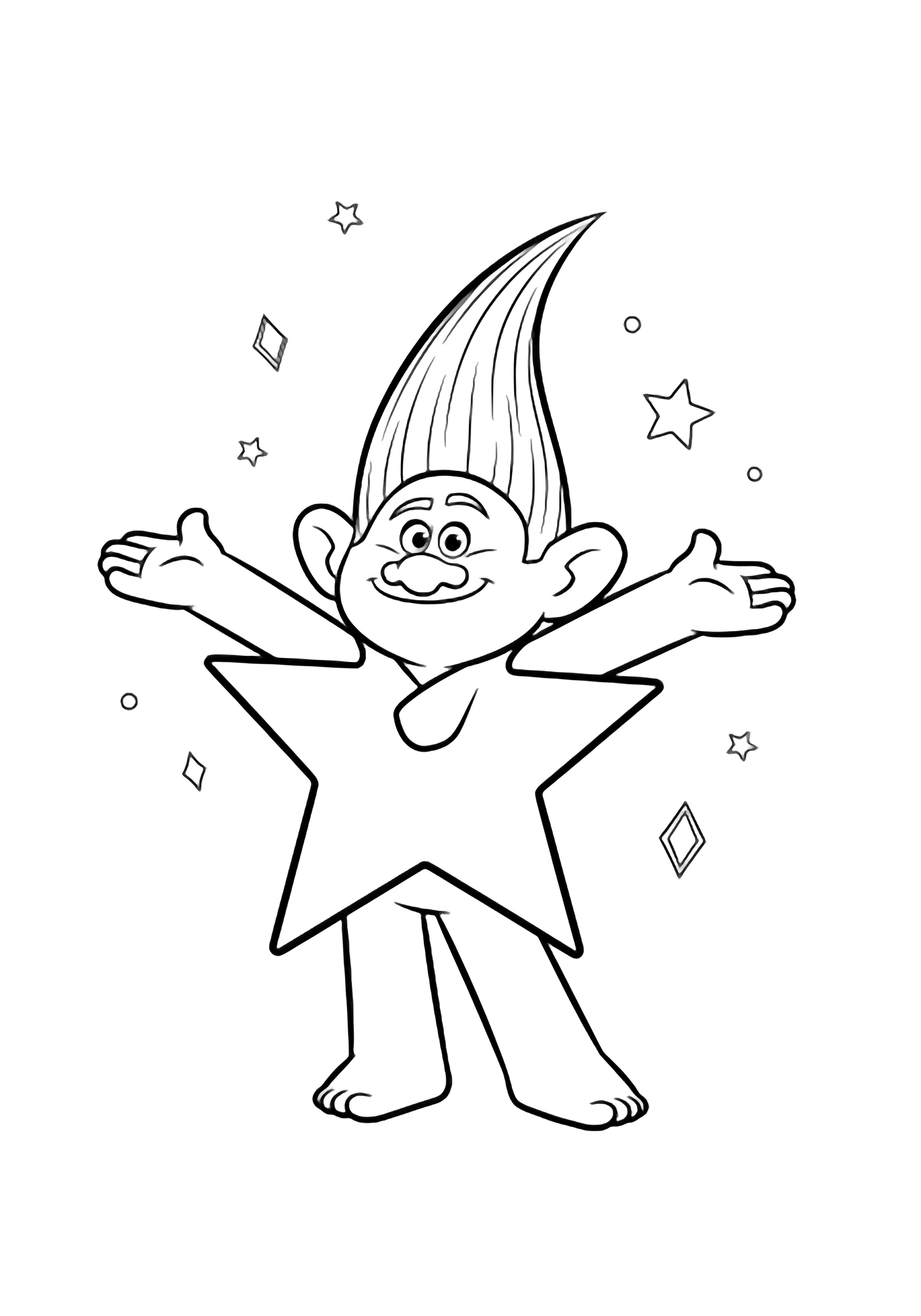 Guy Diamond in a star-shaped pose with arms wide, legs apart, tall swooped hair, surrounded by tiny stars and diamonds. kleurplaat