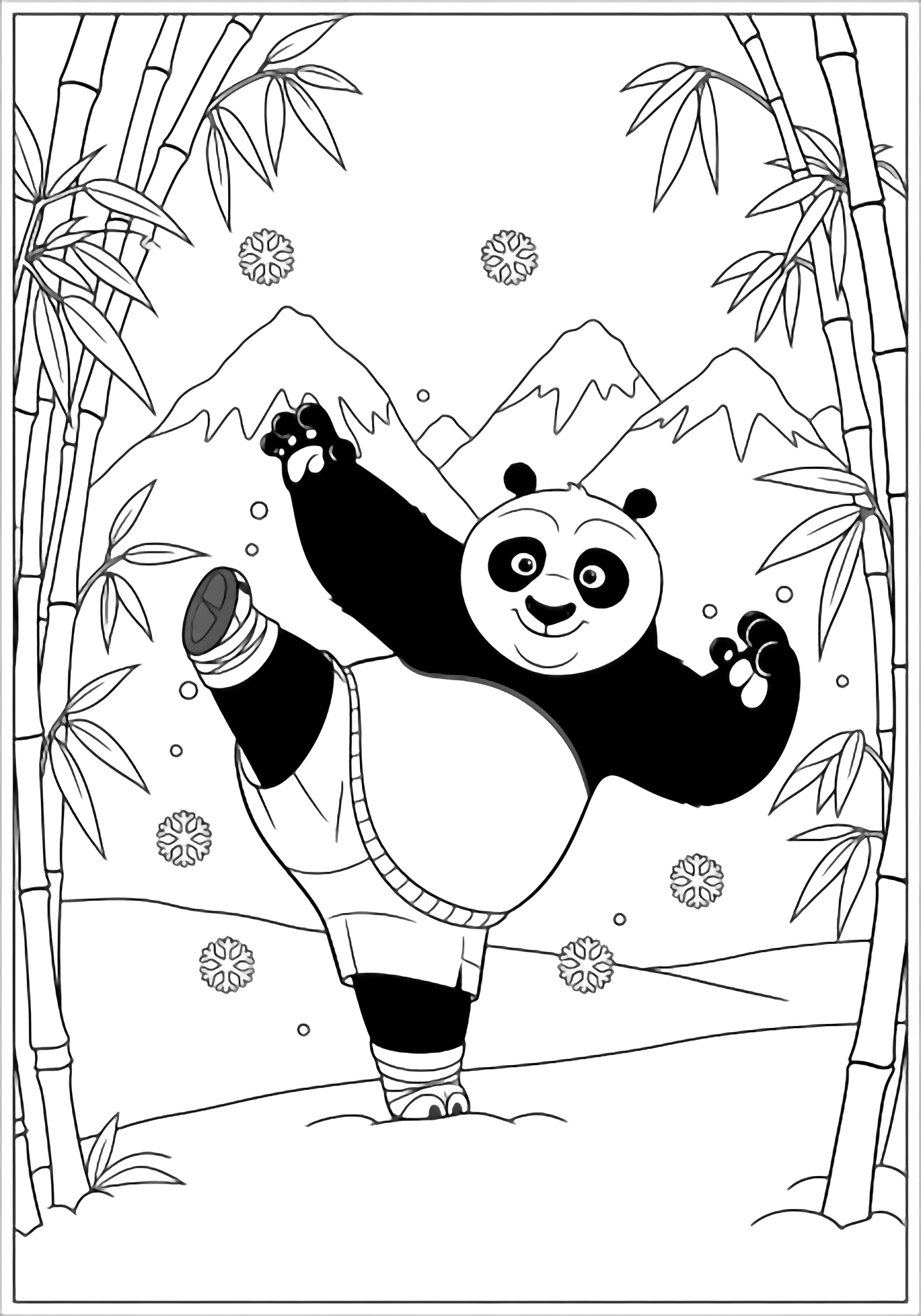 Po the panda kicks high in a snowy clearing, fluffy snowflakes drifting, bamboo framing the scene, mountains rising behind. kleurplaat