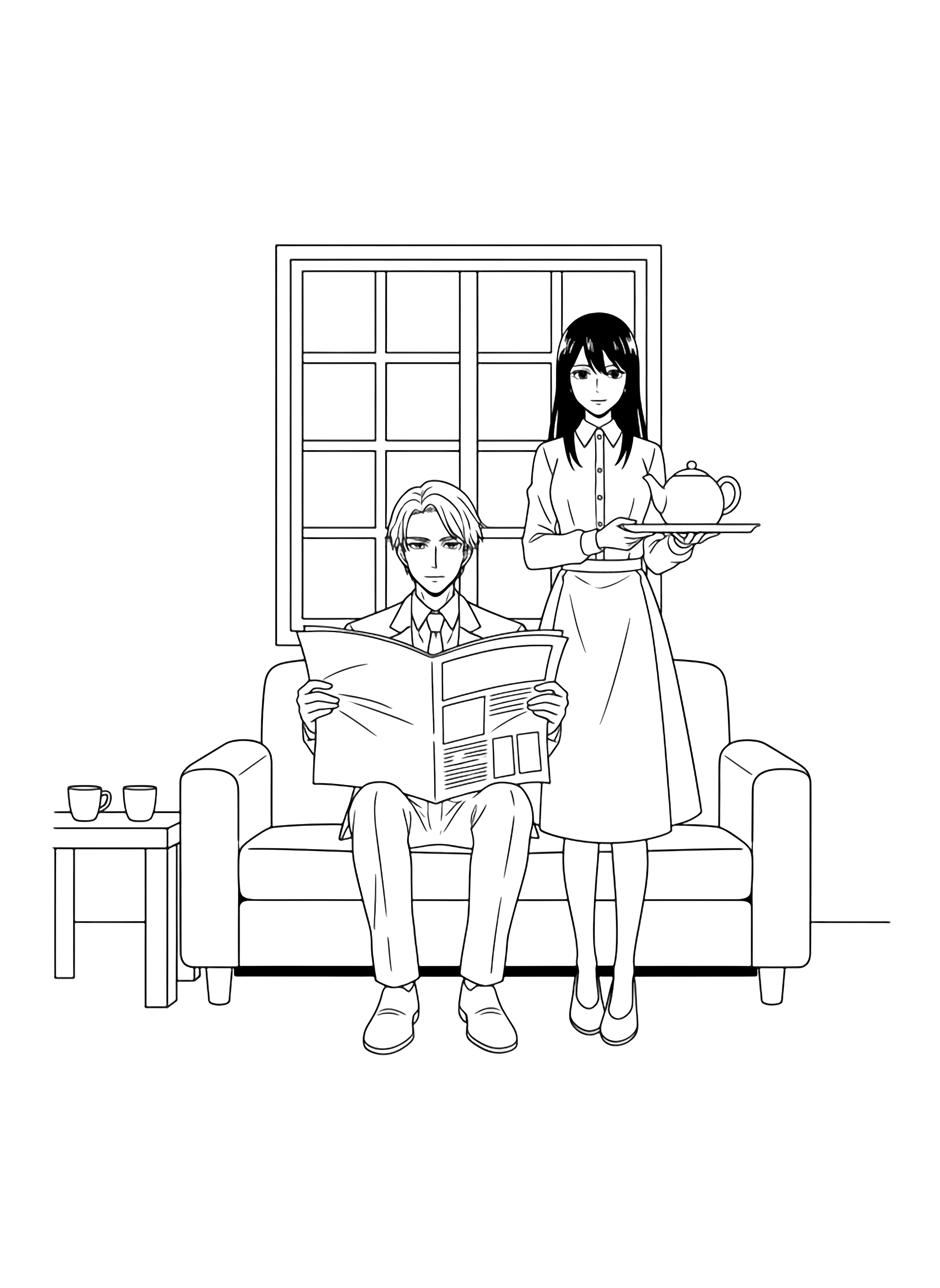 Loid lounges on a sofa reading a newspaper while Yor stands nearby holding a tray and teapot, a window and small table with empty cups completing the cozy living-room scene. kleurplaat