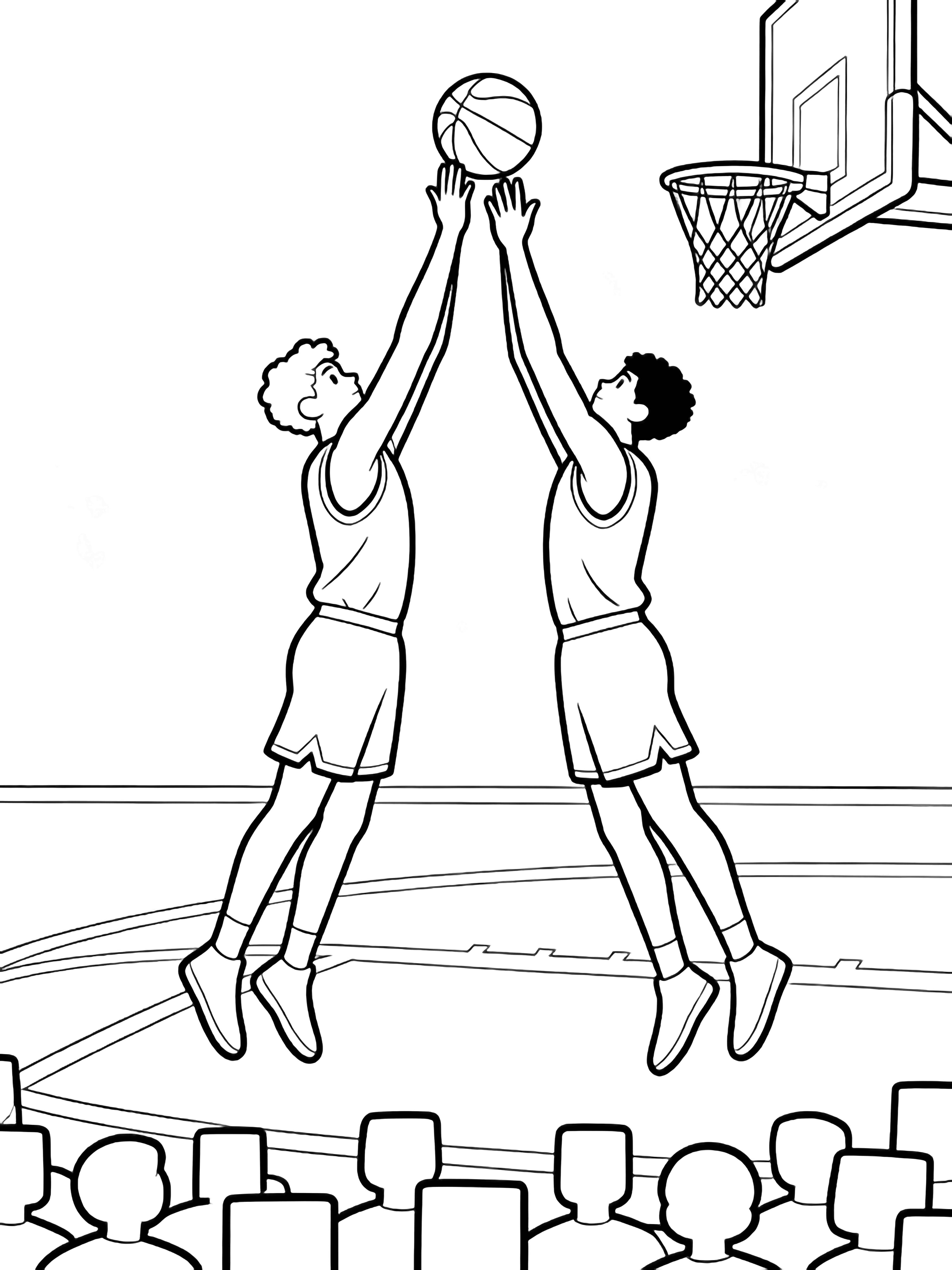 Two tall basketball players leap side-by-side, arms high, hands touching the ball above a hoop backboard; court lines below, crowd of plain rectangles. kleurplaat