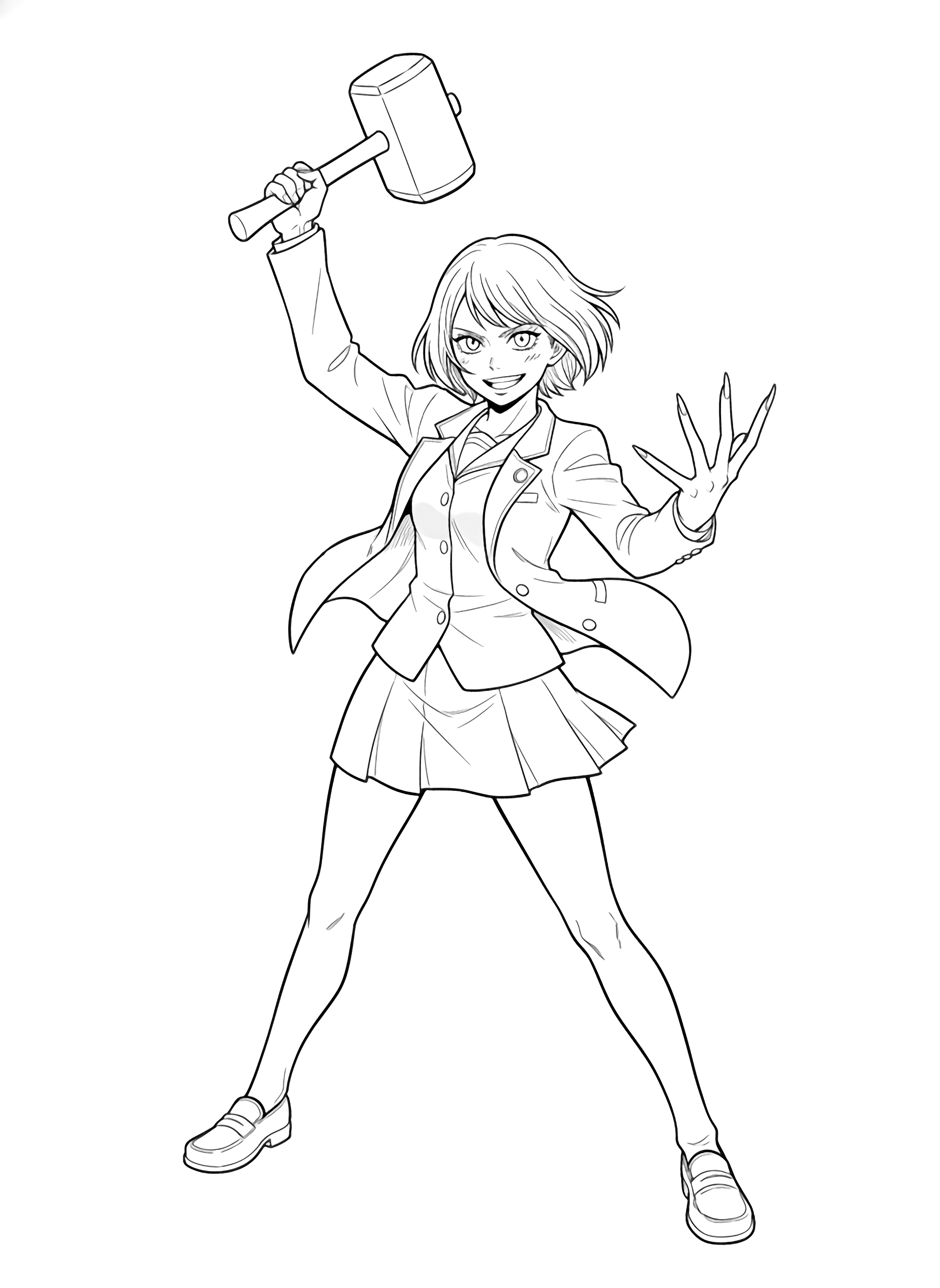 Nobara stands with feet apart, hoisting a hammer overhead while fanning three long nails like claws; her jacket flares, spiky hair bobs, confident grin framed by speed lines. kleurplaat