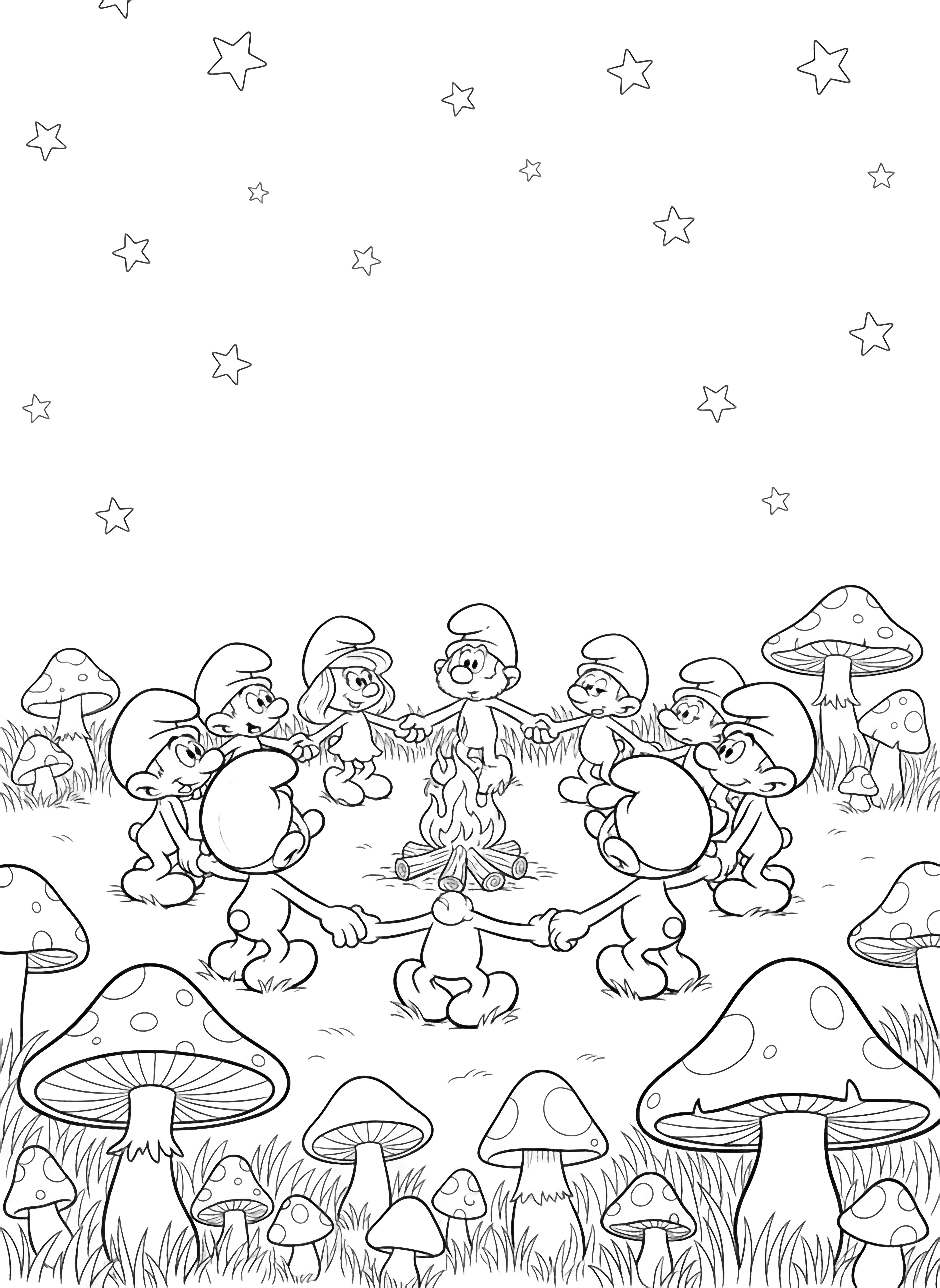 Papa Smurf and friends join hands in a wide circle around crackling logs, framed by tall grass, mushrooms, and a starry sky. kleurplaat