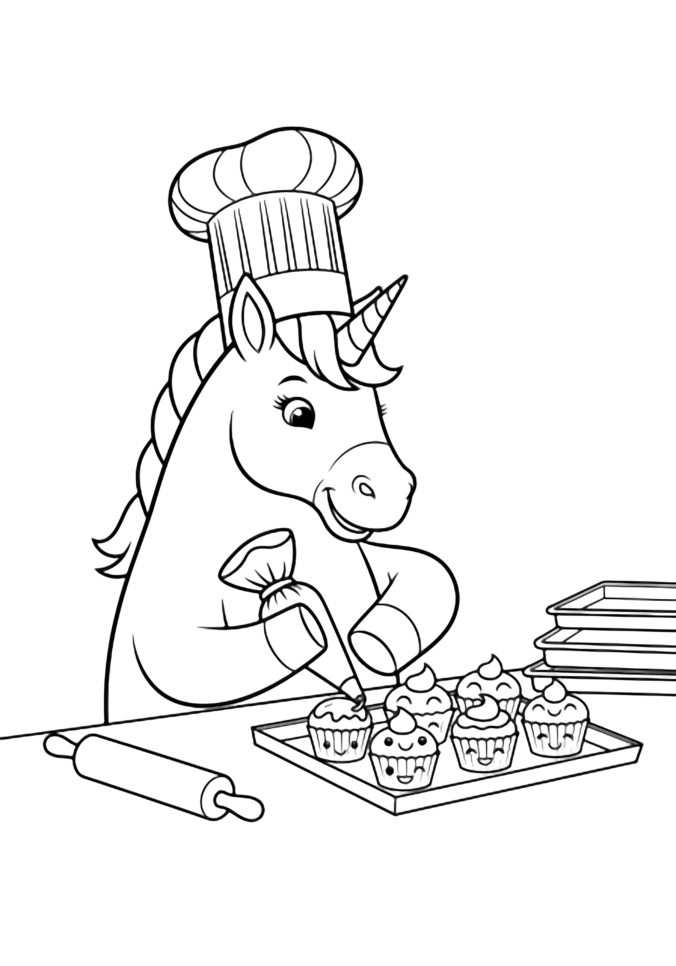 A joyful unicorn in a chef's hat pipes icing onto smiling cupcakes at a kitchen counter, surrounded by utensils, a rolling pin, and stacked baking trays. kleurplaat