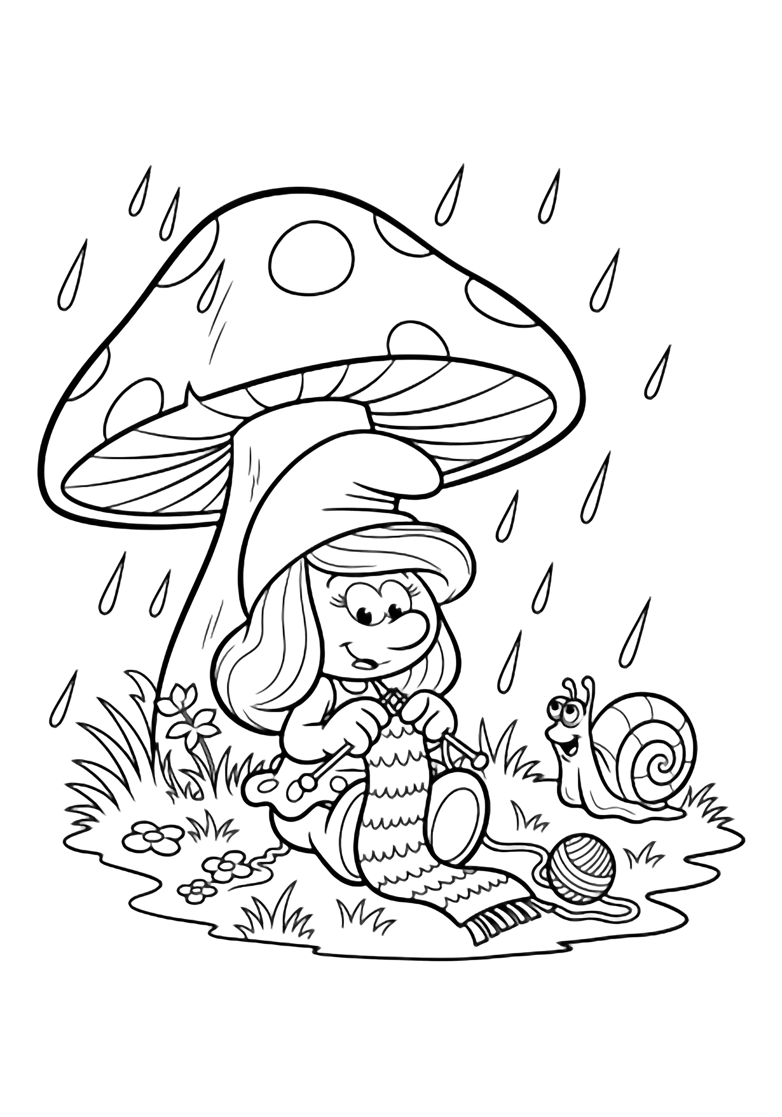 Smurfette sits under a giant mushroom knitting a scarf while rain falls; grass, tiny flowers, and a smiling snail surround her. kleurplaat
