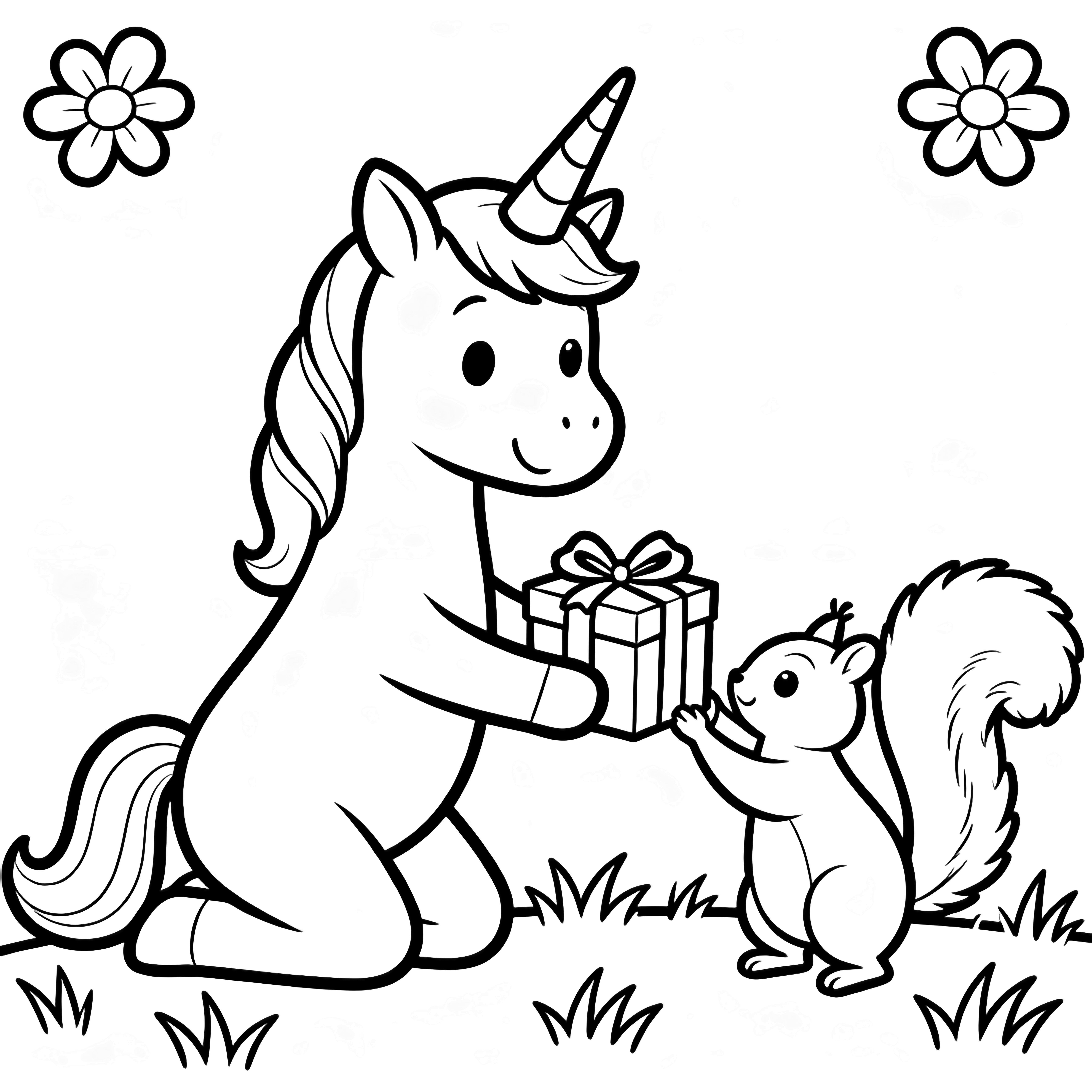 A smiling unicorn kneels, horn forward, offering a ribbon-tied gift box to a tiny squirrel reaching up with a fluffy tail; grass tufts and two flowers frame the scene. kleurplaat