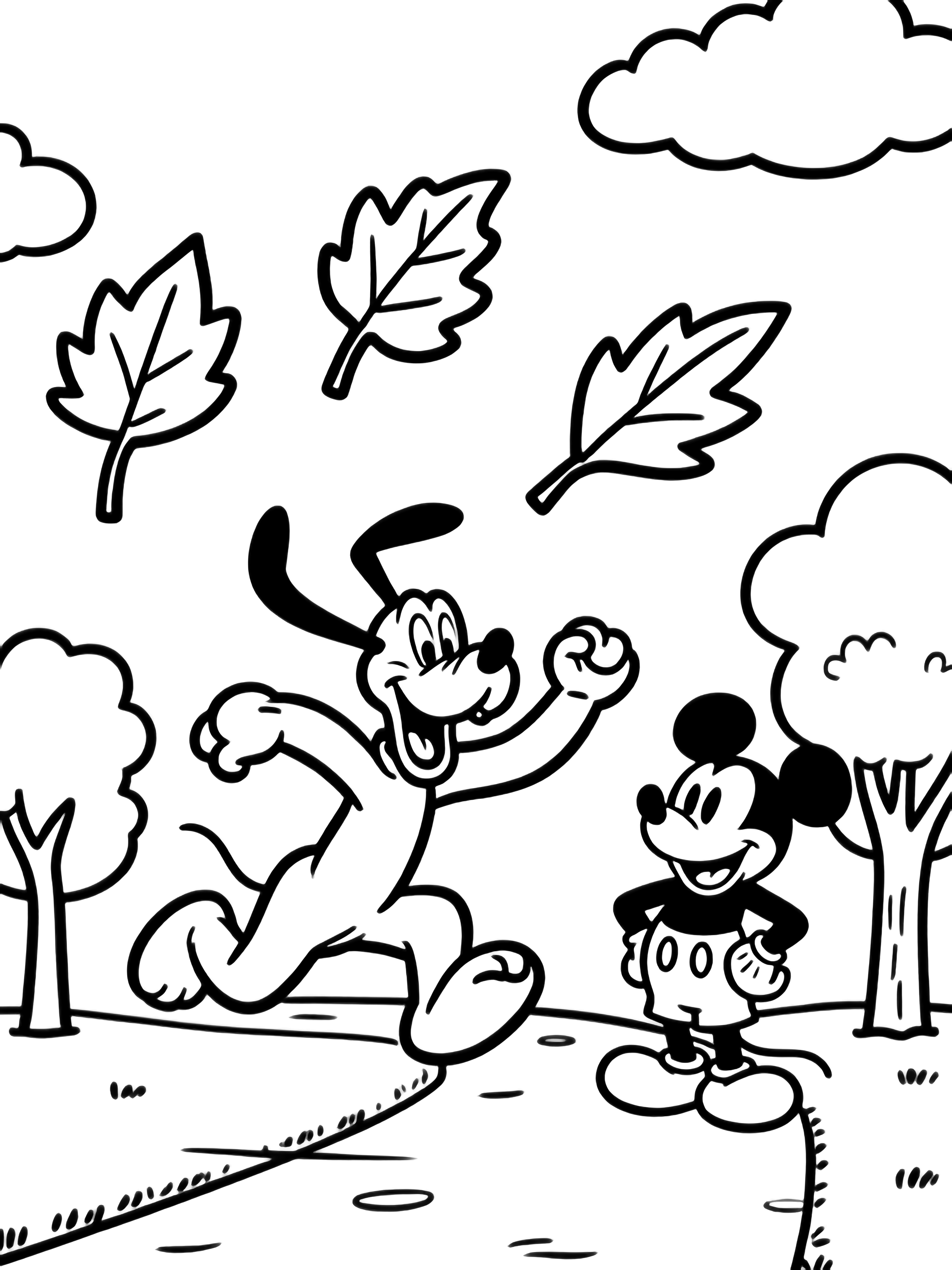 Pluto mid-bounce chasing three drifting leaves above a park path; Mickey, hands on hips, laughs behind, framed by simple trees and clouds. kleurplaat