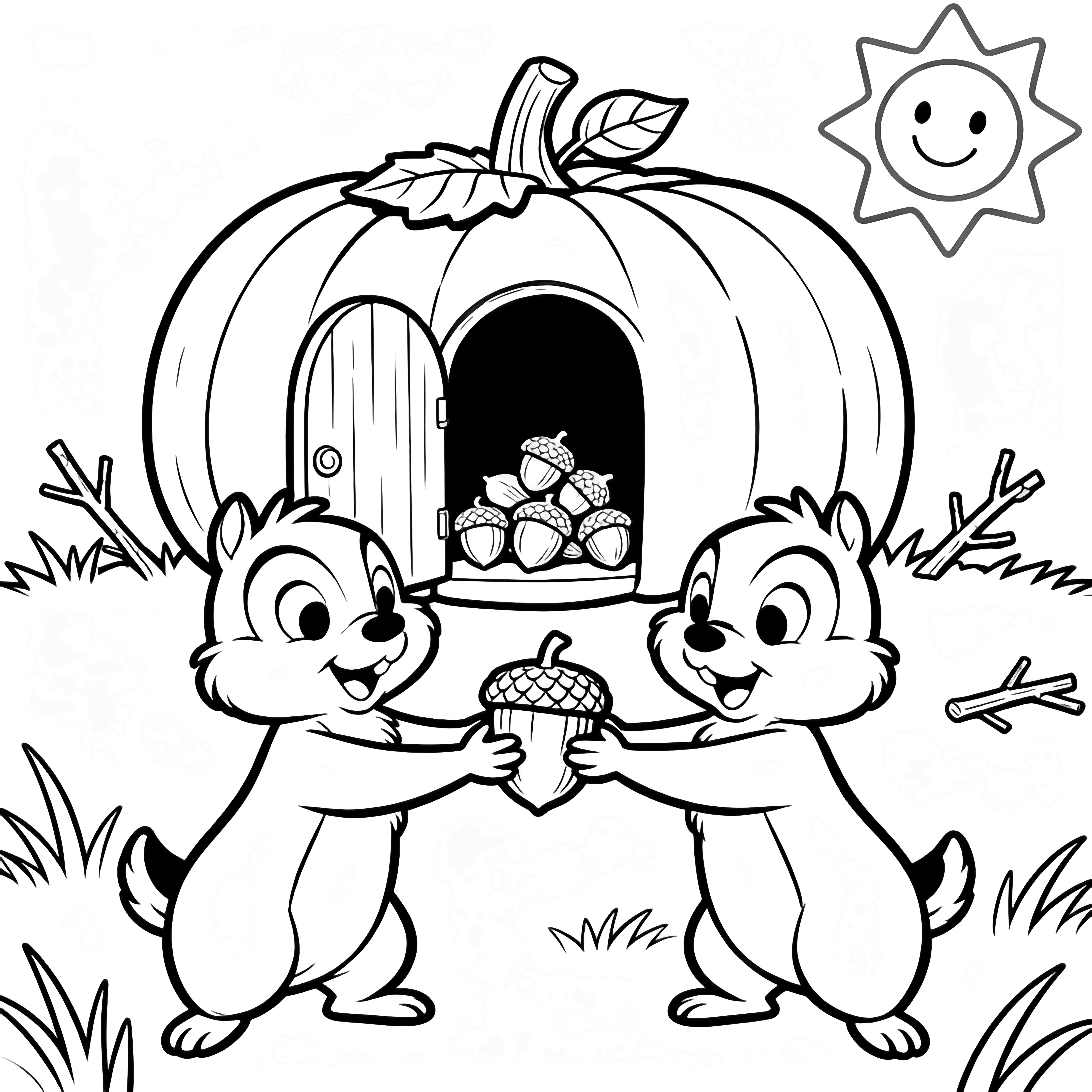 Chip and Dale pass an acorn beside a pumpkin house with open door, leaf roof, stacked acorns inside, framed by grass, twigs, and a smiling sun. kleurplaat