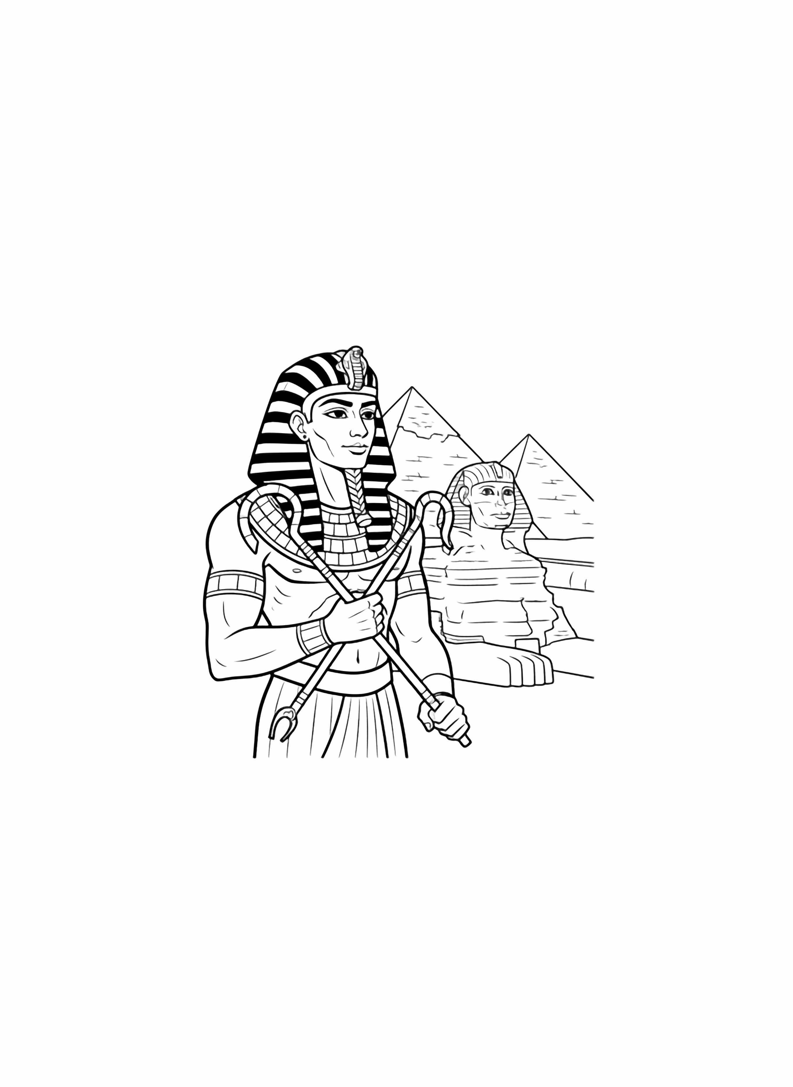 A black and white page showing the majestic Pharaoh standing proudly in front of the Great Sphinx and pyramids The Pharaoh wears the traditional striped nemes headcloth with the royal cobra symbol a decorative collar necklace and a pleated linen kilt He holds the crook and flail symbols of power in clean black and white line drawing minimal shading no colour no fill kleurplaat