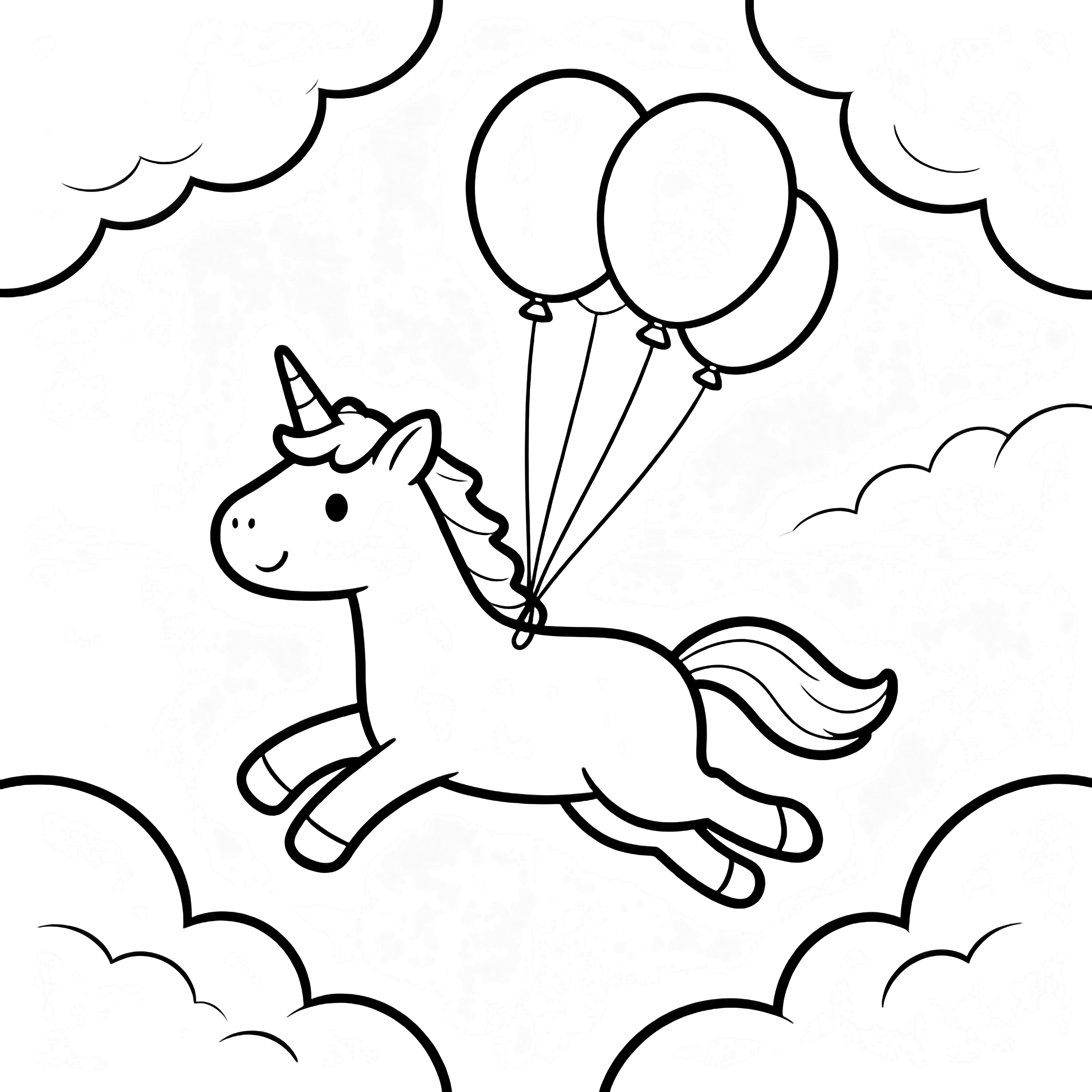 A smiling unicorn flies through the sky holding three round balloons; fluffy clouds drift around it. kleurplaat