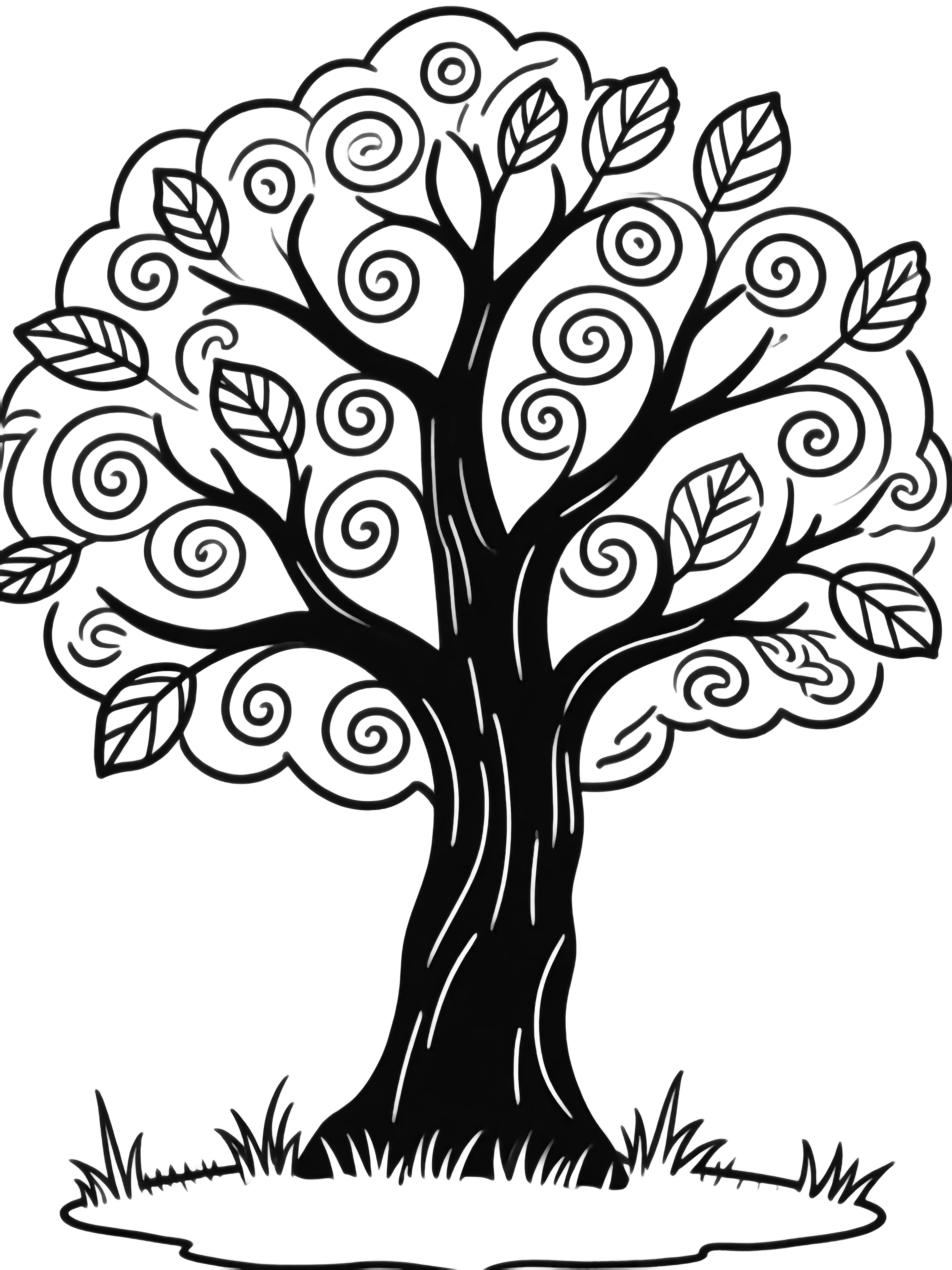 A sturdy oak with thick trunk and spreading branches, swirling leaves drifting downward, simple grass tufts edging the scene. kleurplaat