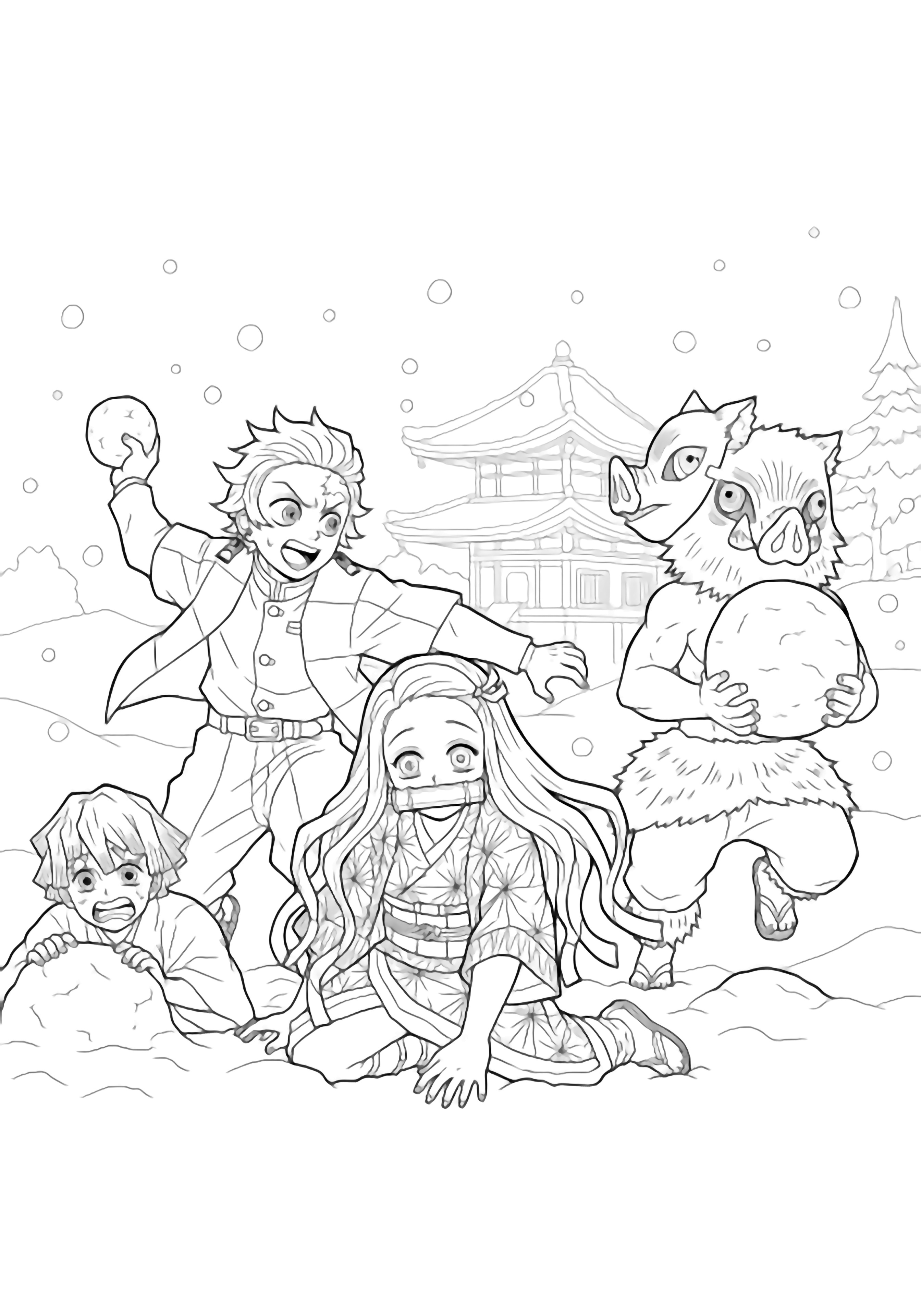 Tanjiro hurls a snowball; Nezuko ducks, Zenitsu hides behind a snow mound, Inosuke charges with a snowball amid gentle flakes before a snowy temple. kleurplaat