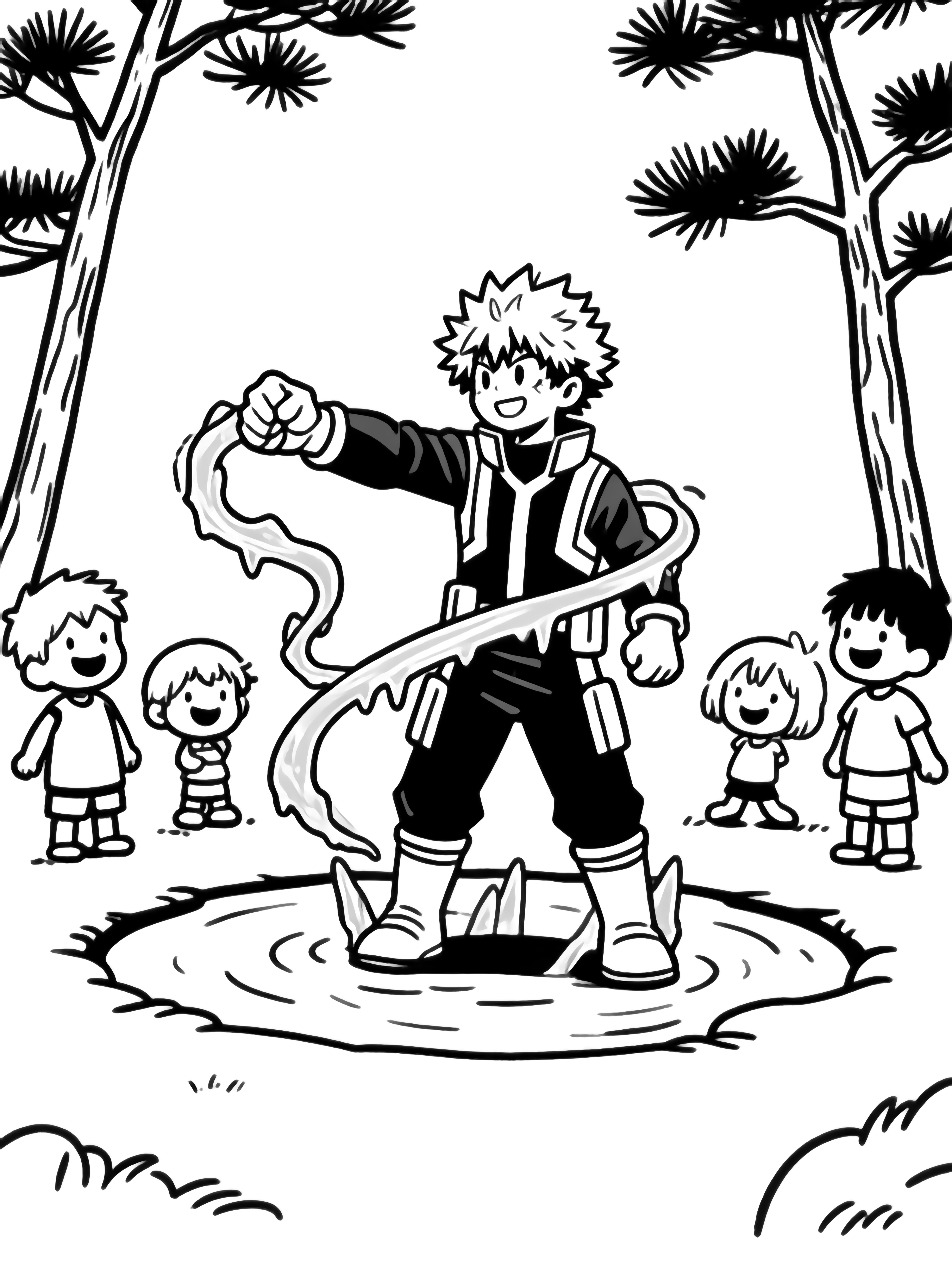 Todoroki thrusts one arm forward, releasing a swirling ribbon of icicles that freeze a circular pond, surrounded by smiling children and framed by simple pine trees. kleurplaat