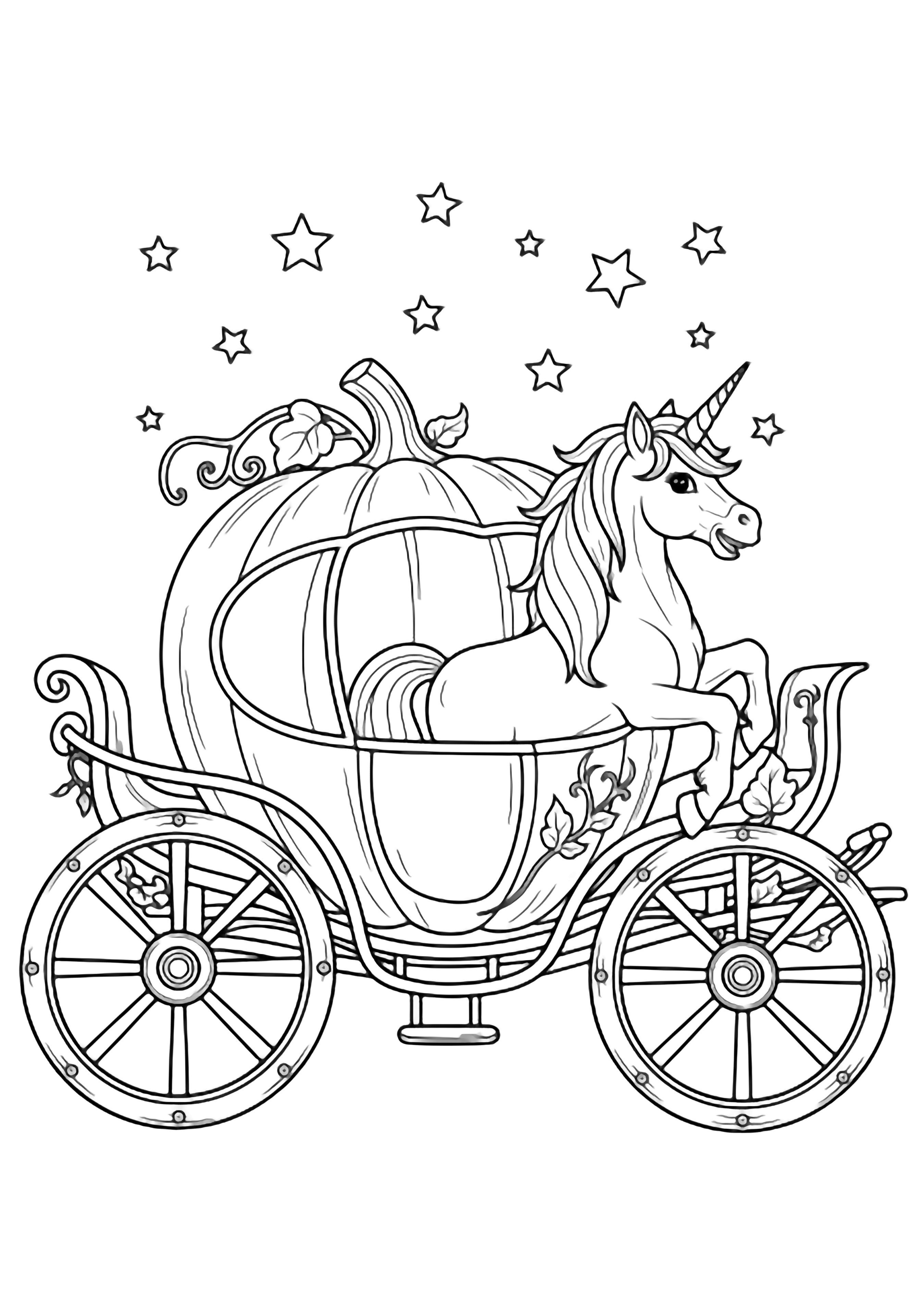 A smiling unicorn stands inside an open pumpkin carriage with wheels and vines beneath a starry sky. kleurplaat