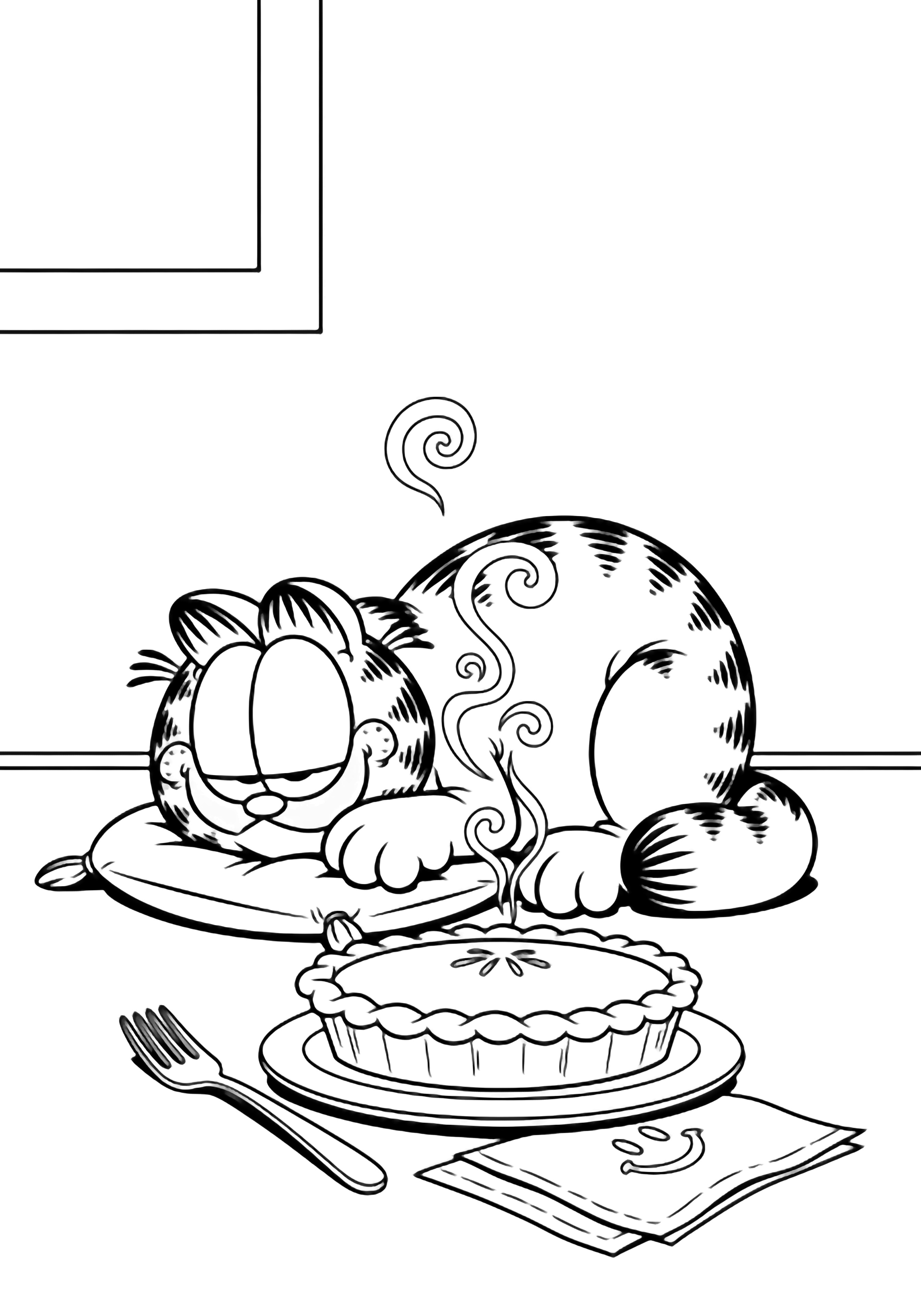 Garfield curled asleep on a cushion, tail wrapped, plump belly showing; a steaming pumpkin pie on a plate with fork and smiley napkin on the table beside him. kleurplaat