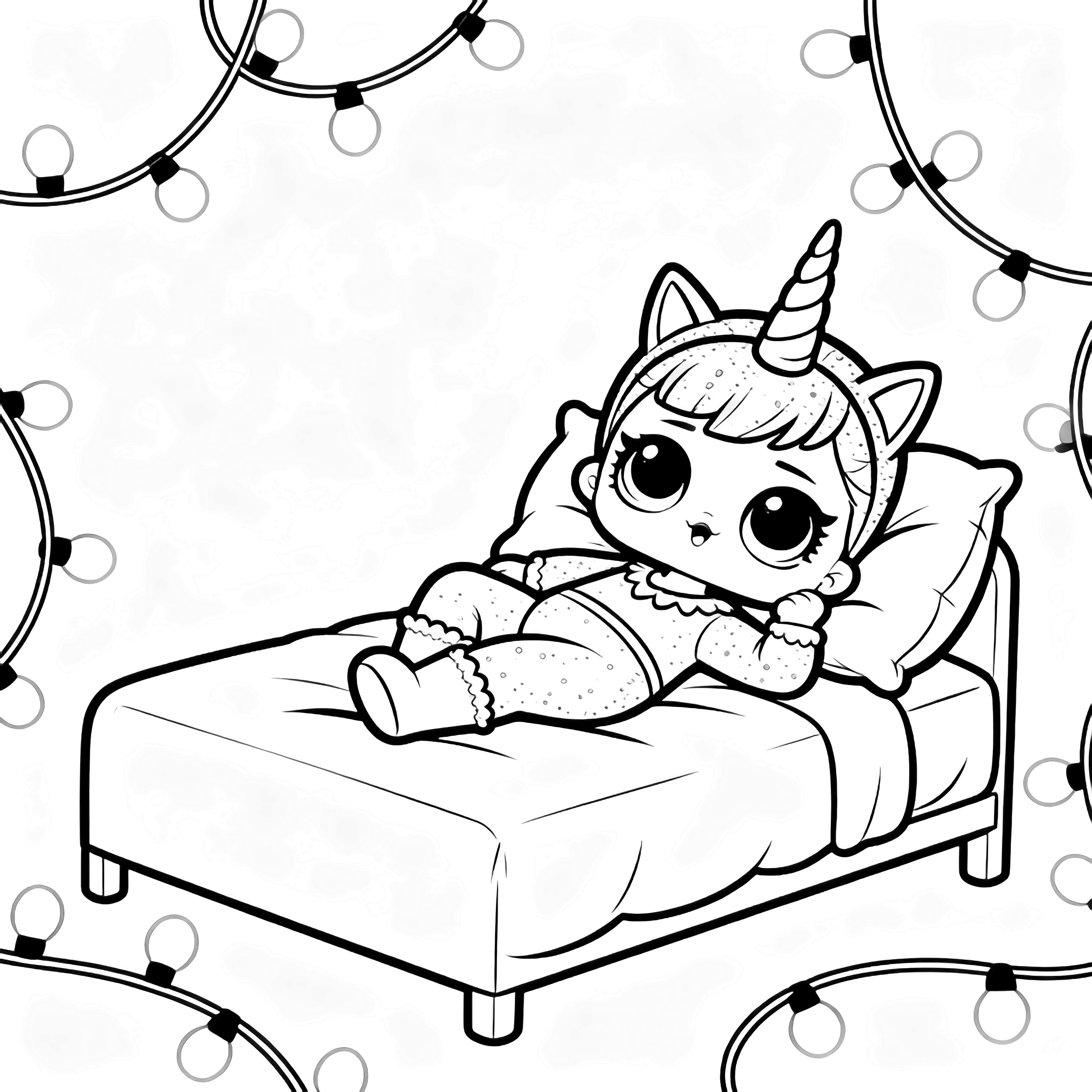 A unicorn-costumed LOL doll reclines on pillows under looping fairy lights. kleurplaat