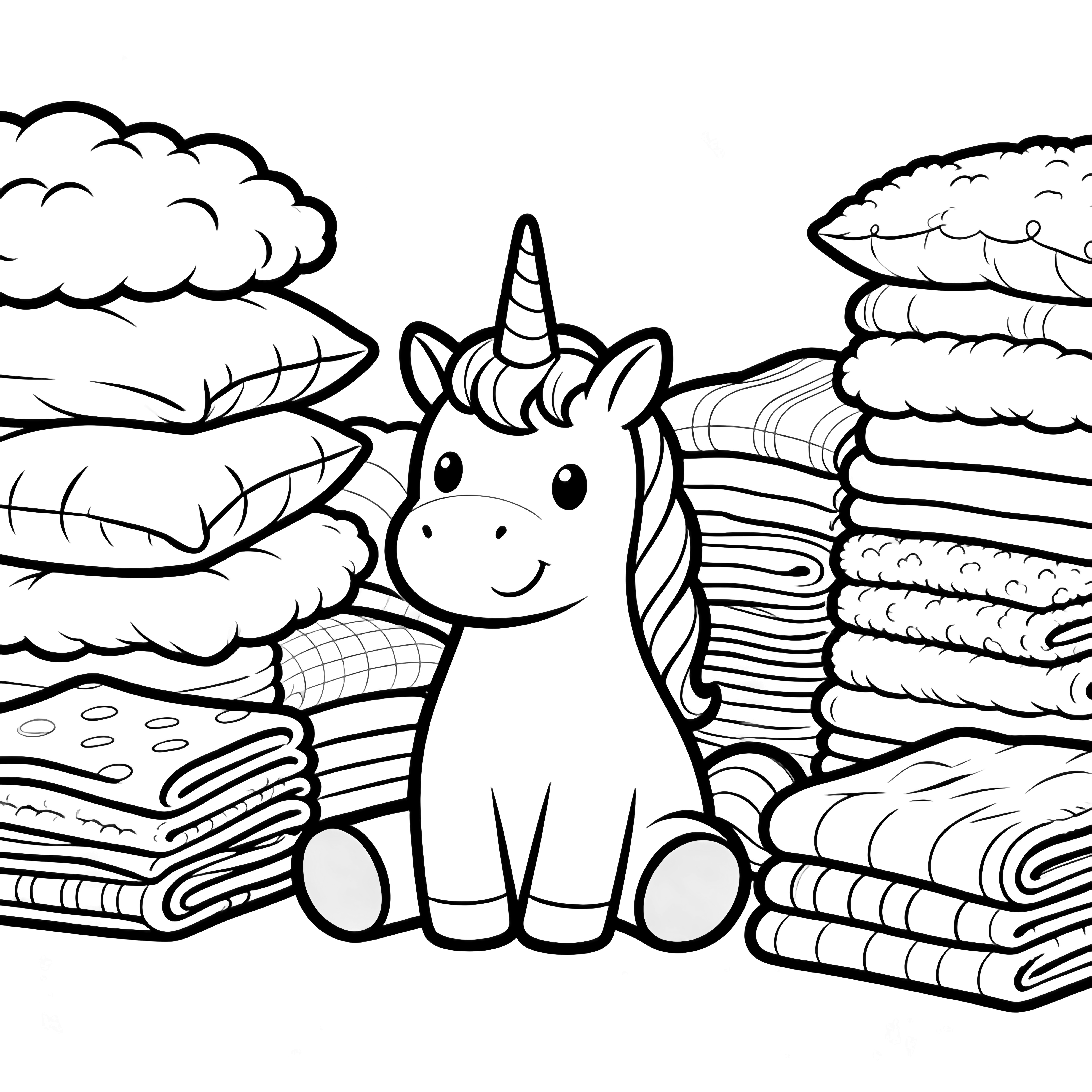 A smiling unicorn nestled among towering stacks of fluffy pillows and neatly folded blankets. kleurplaat