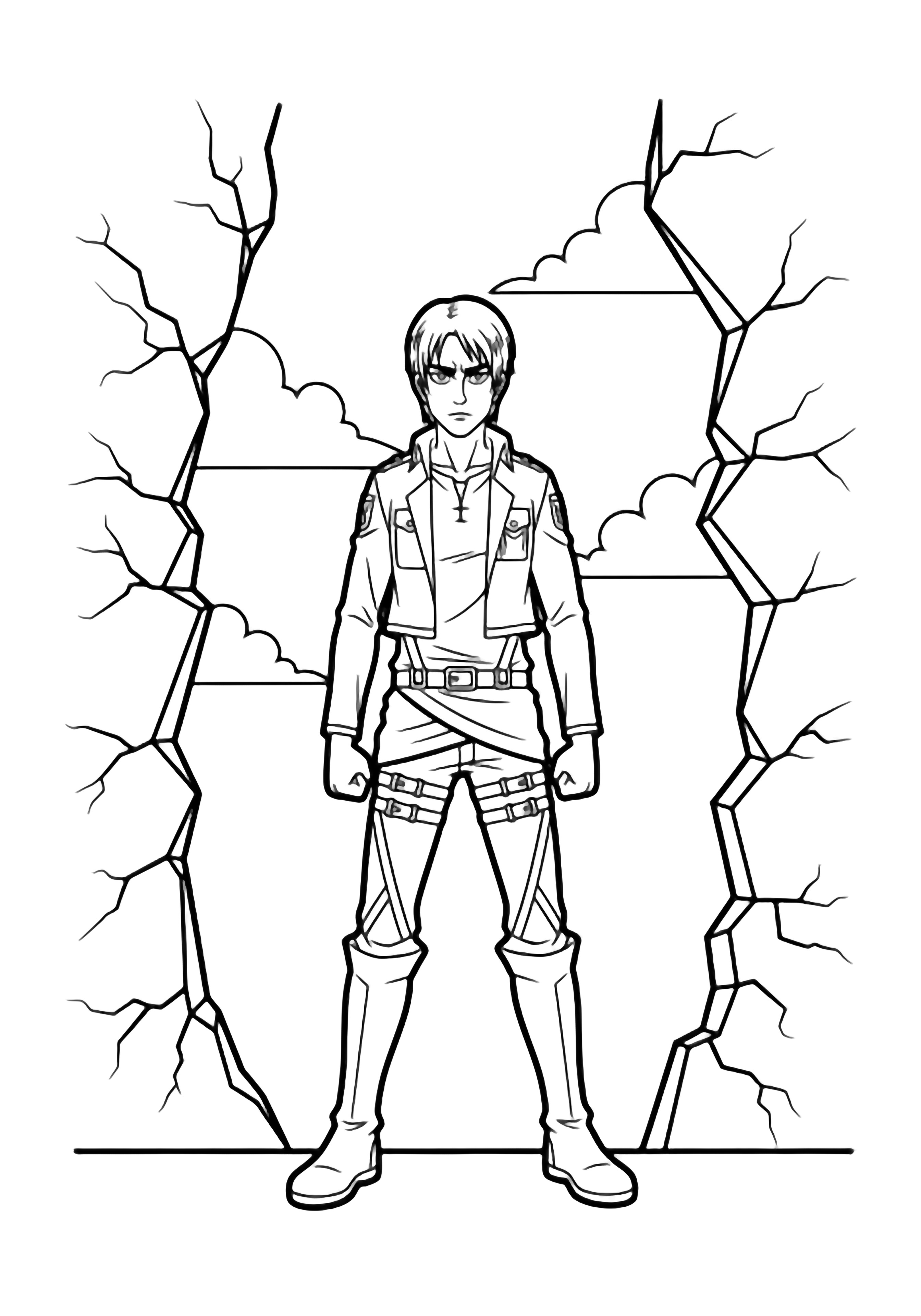 Eren stands with clenched fists, boots apart, staring ahead; cracked wall fragments and drifting clouds frame him above a simple ground line. kleurplaat